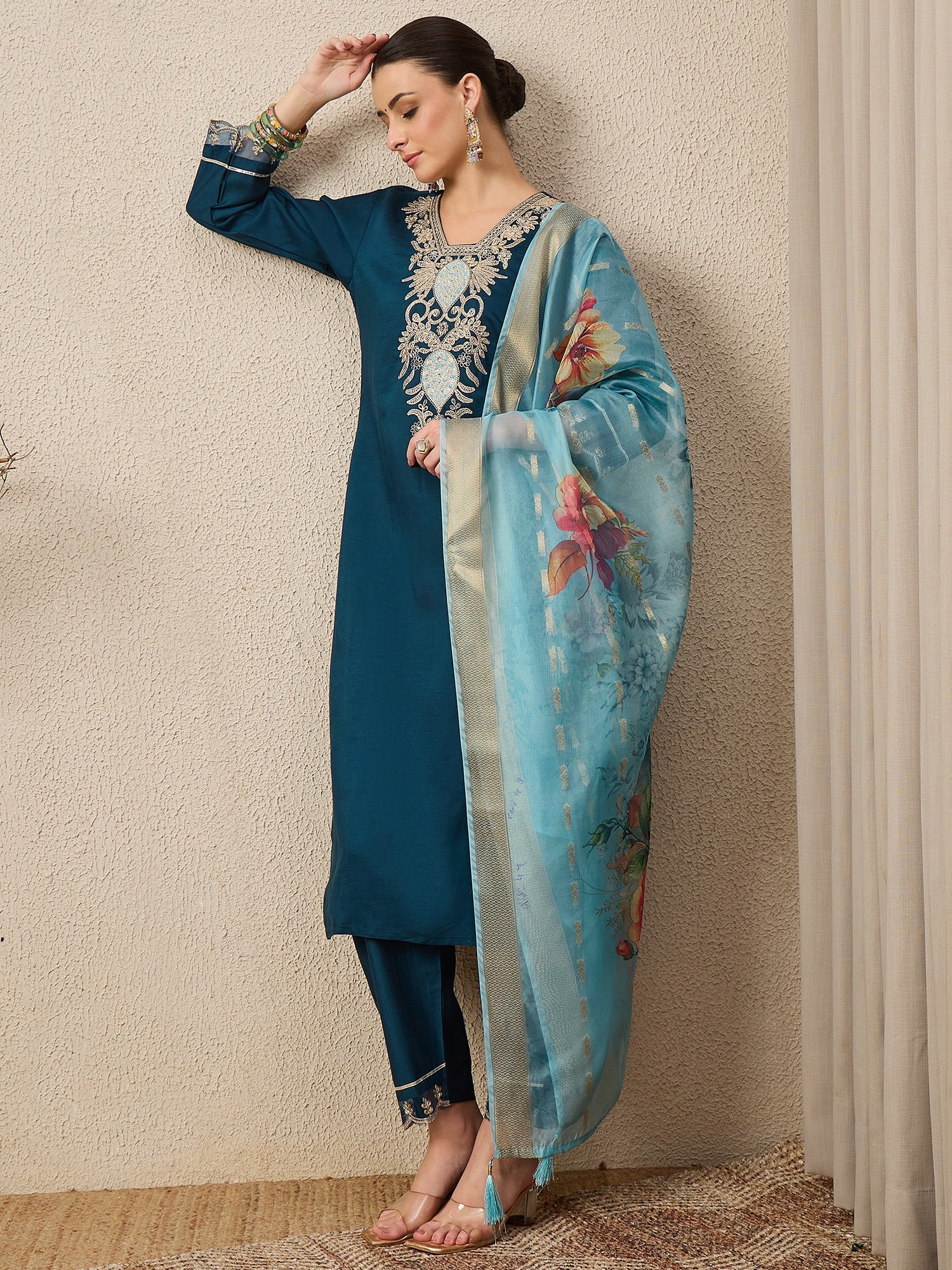 Chandni Blue Women Viscose Rayon suit Set