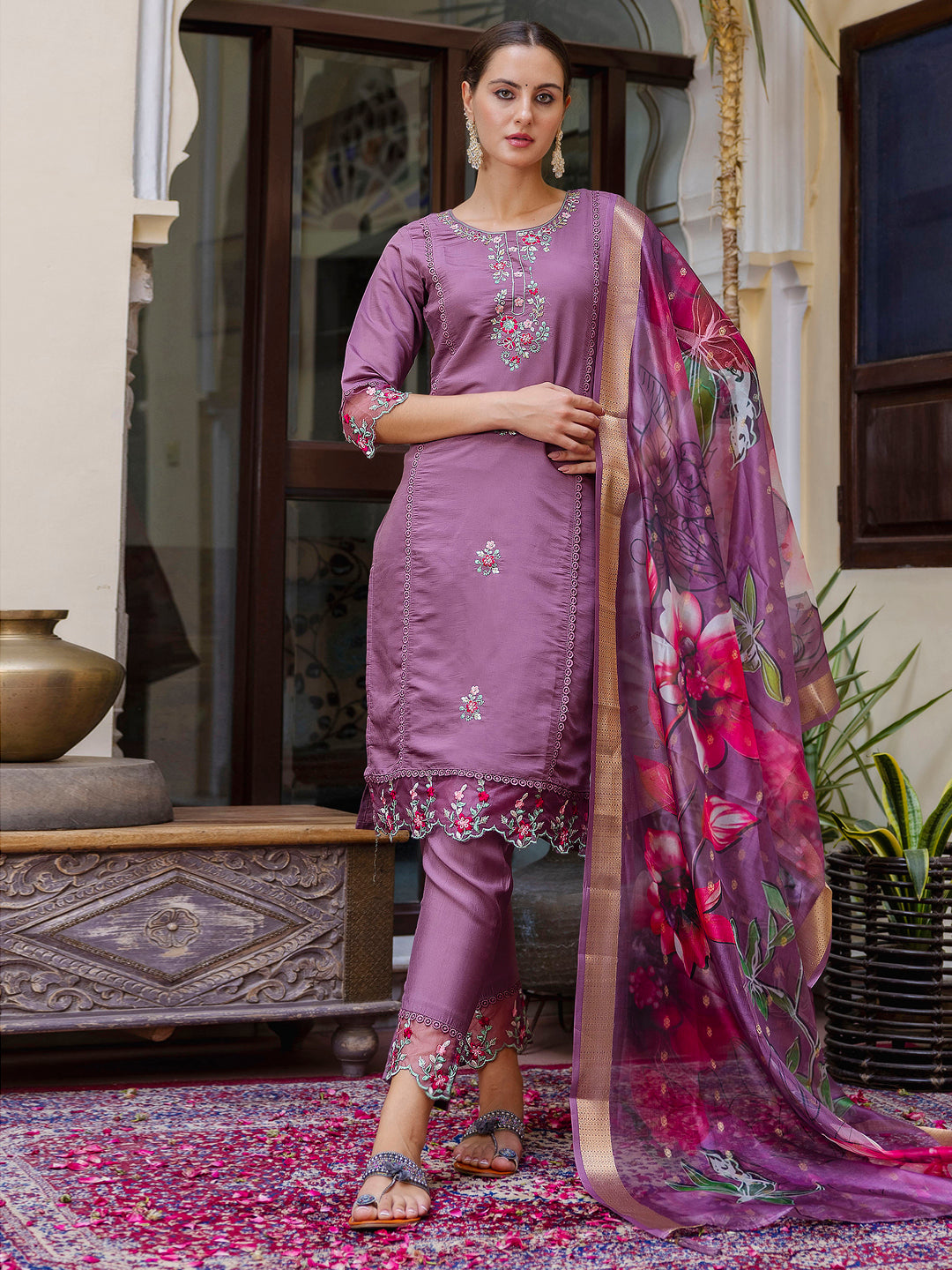 VredeVogel Viscose Roman Silk Calf Length Kurta Set Dupatta