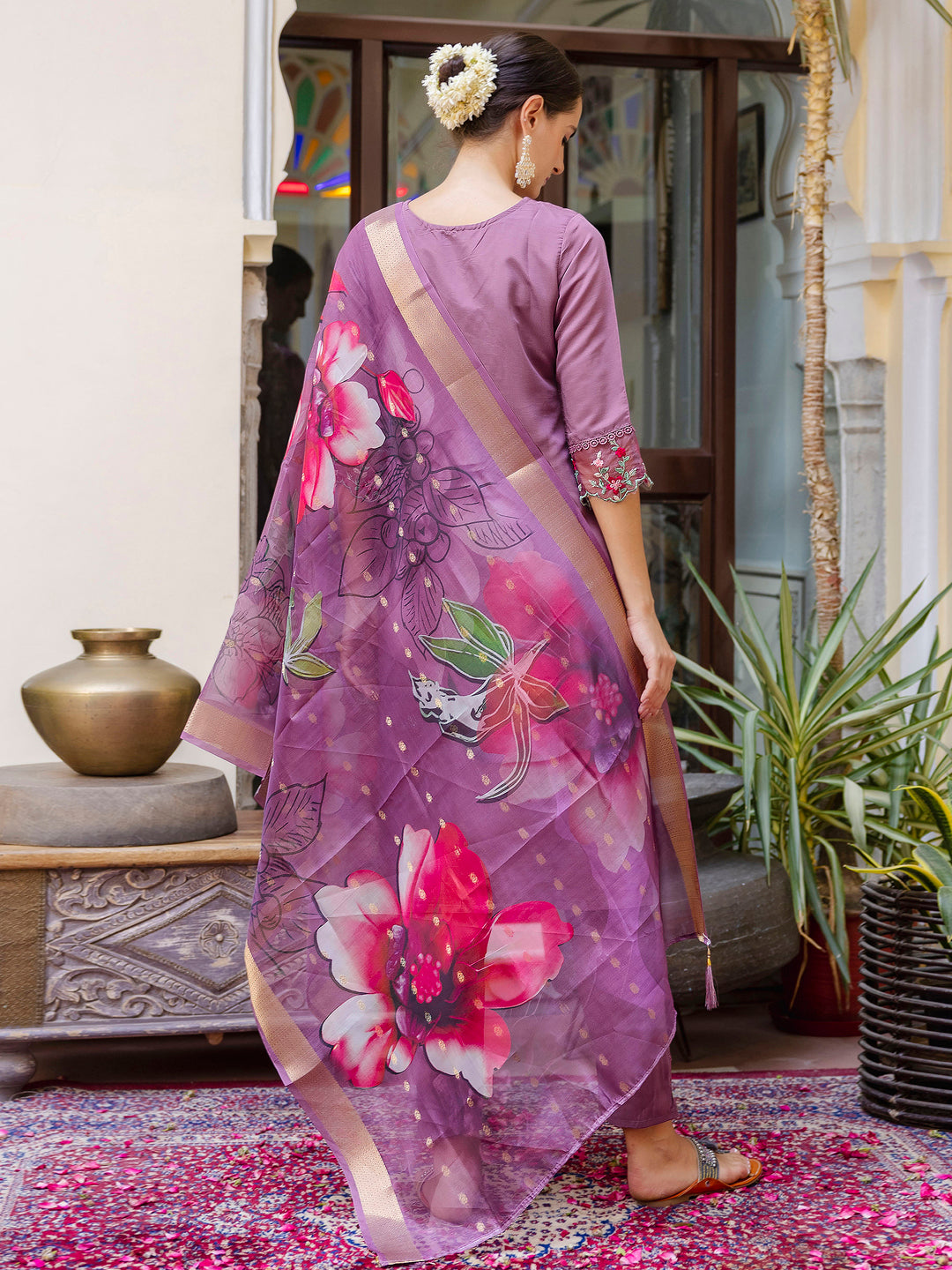 VredeVogel Viscose Roman Silk Calf Length Kurta Set Dupatta