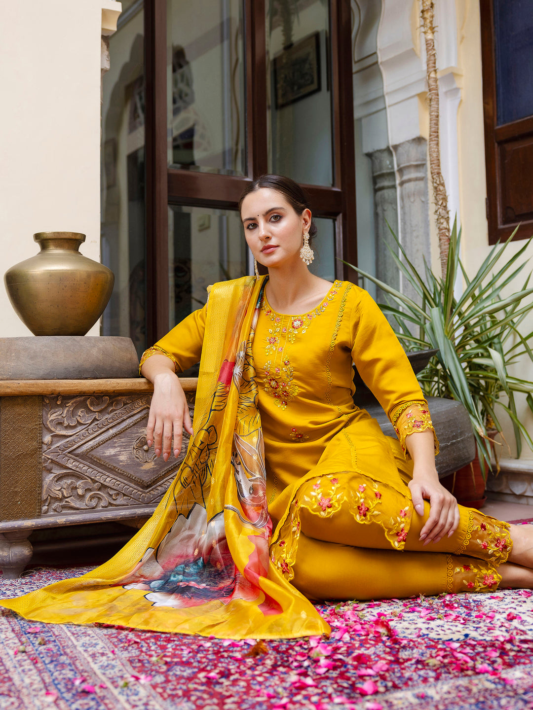 VredeVogel Viscose Roman Silk Calf Length Kurta Set Dupatta