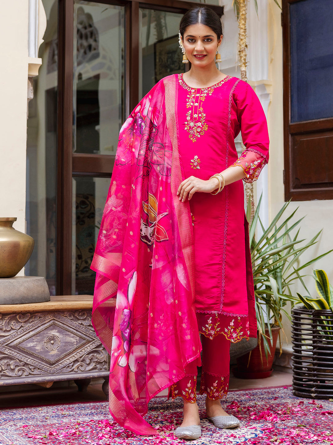 VredeVogel Viscose Roman Silk Calf Length Kurta Set Dupatta