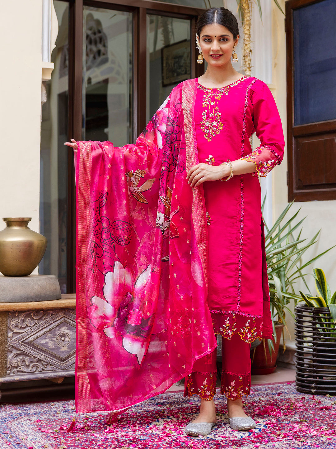 VredeVogel Viscose Roman Silk Calf Length Kurta Set Dupatta