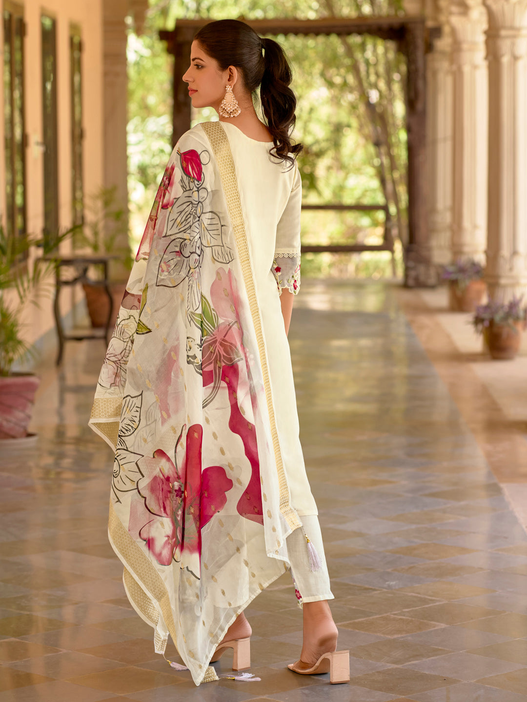 VredeVogel Viscose Roman Silk Calf Length Kurta Set Dupatta
