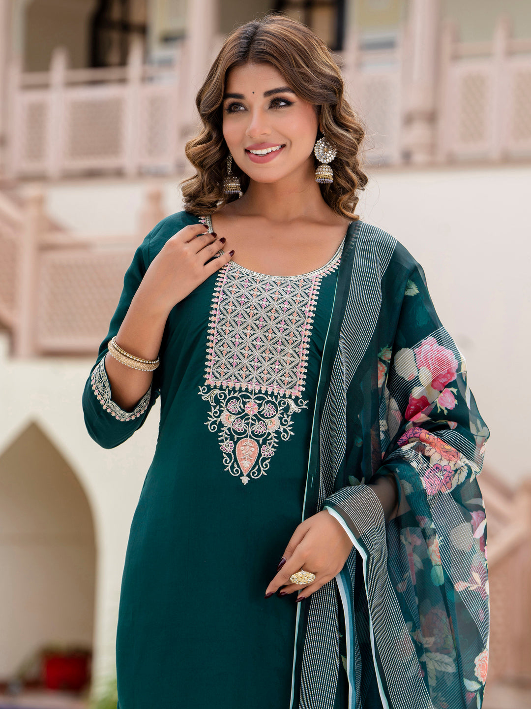 VredeVogel Women’s Viscose Roman Silk Embroidery Straight Kurta Pant with Dupatta Set