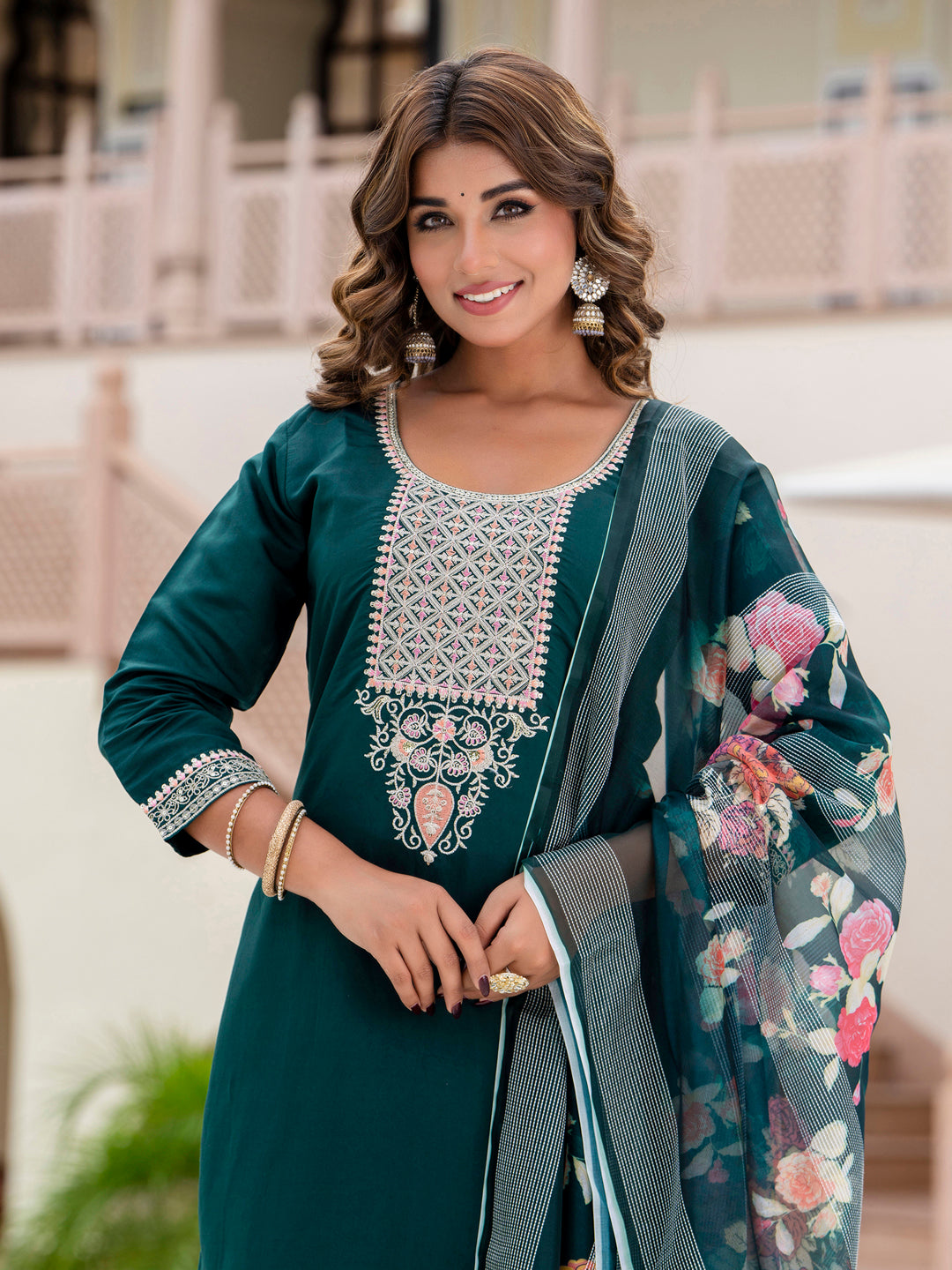 VredeVogel Women’s Viscose Roman Silk Embroidery Straight Kurta Pant with Dupatta Set