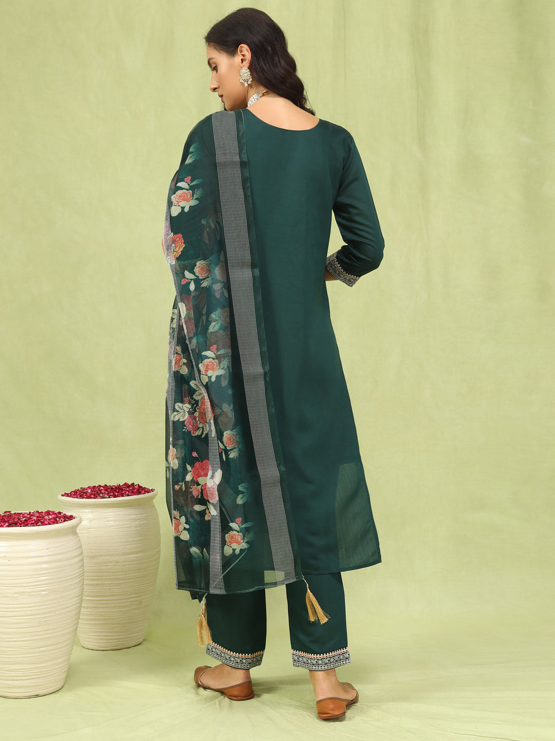 Kshatra Women’s Viscose Roman Silk Embroidery Straight Kurta Pant with Dupatta Set