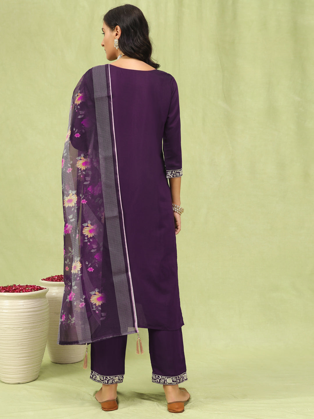 Trishna Women’s Viscose Roman Silk Embroidery Straight Kurta Pant with Dupatta Set