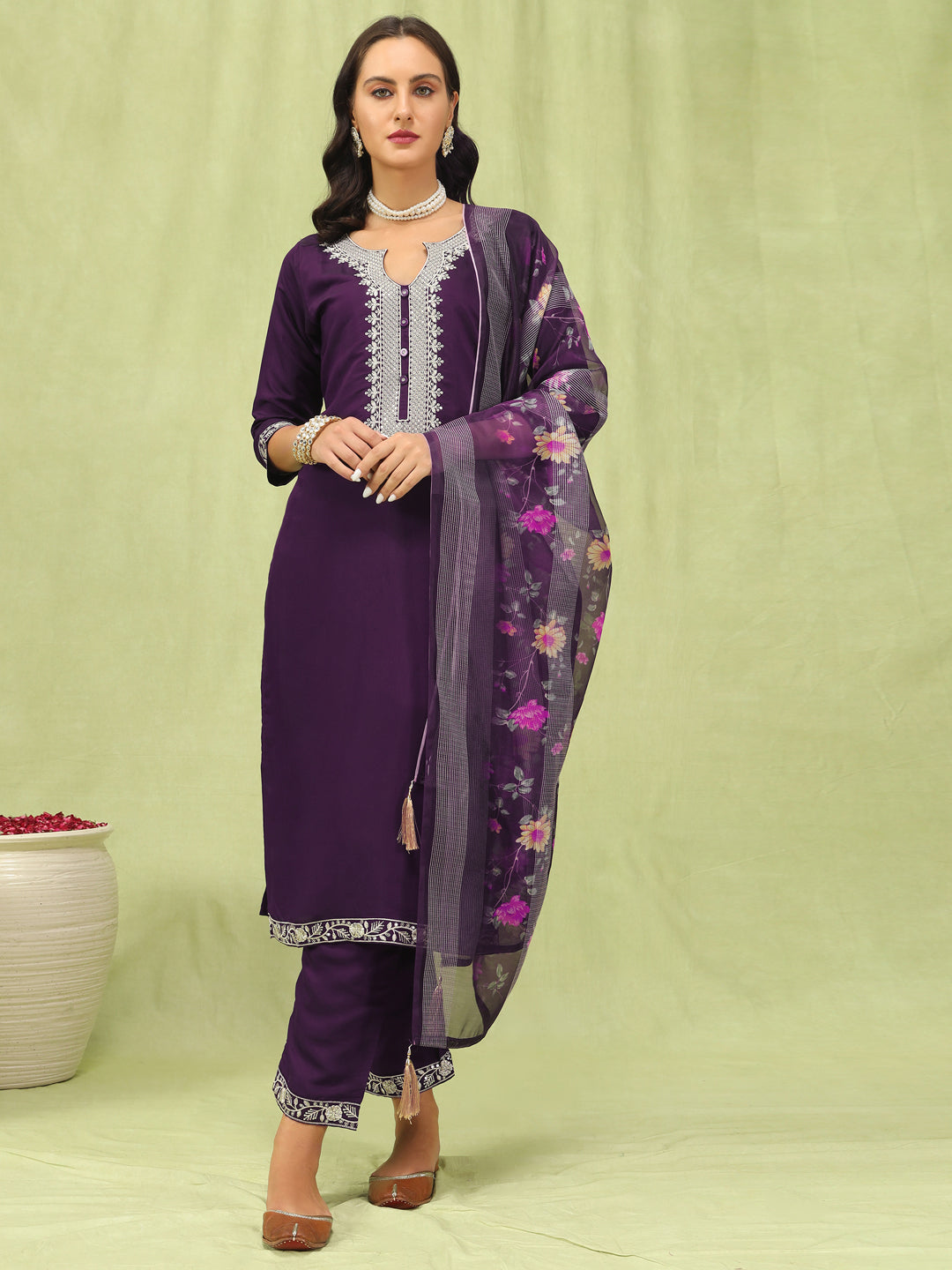 Trishna Women’s Viscose Roman Silk Embroidery Straight Kurta Pant with Dupatta Set