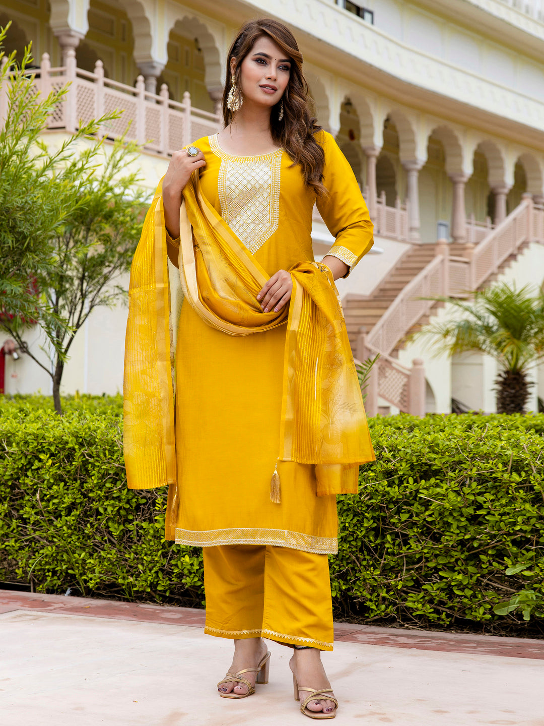 VredeVogel Women’s Viscose Roman Silk Embroidery Straight Kurta Pant with Dupatta Set