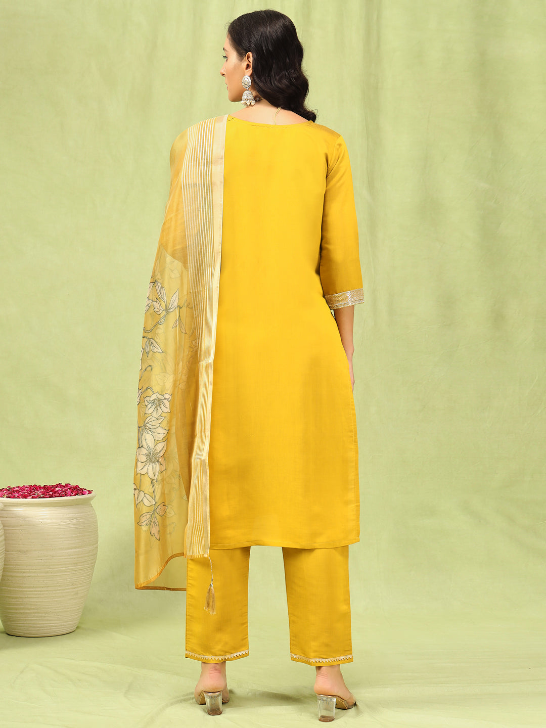 Bharthi Women’s Viscose Roman Silk Embroidery Straight Kurta Pant with Dupatta Set
