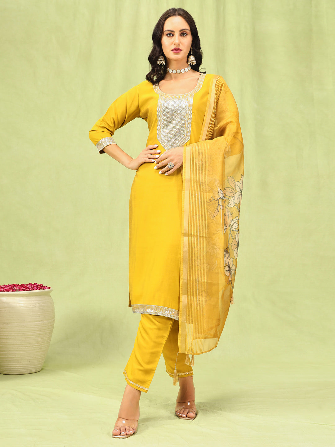 Bharthi Women’s Viscose Roman Silk Embroidery Straight Kurta Pant with Dupatta Set