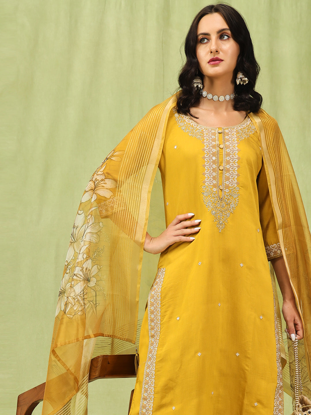 VredeVogel Women’s Viscose Roman Silk Embroidery Straight Kurta Pant with Dupatta Set