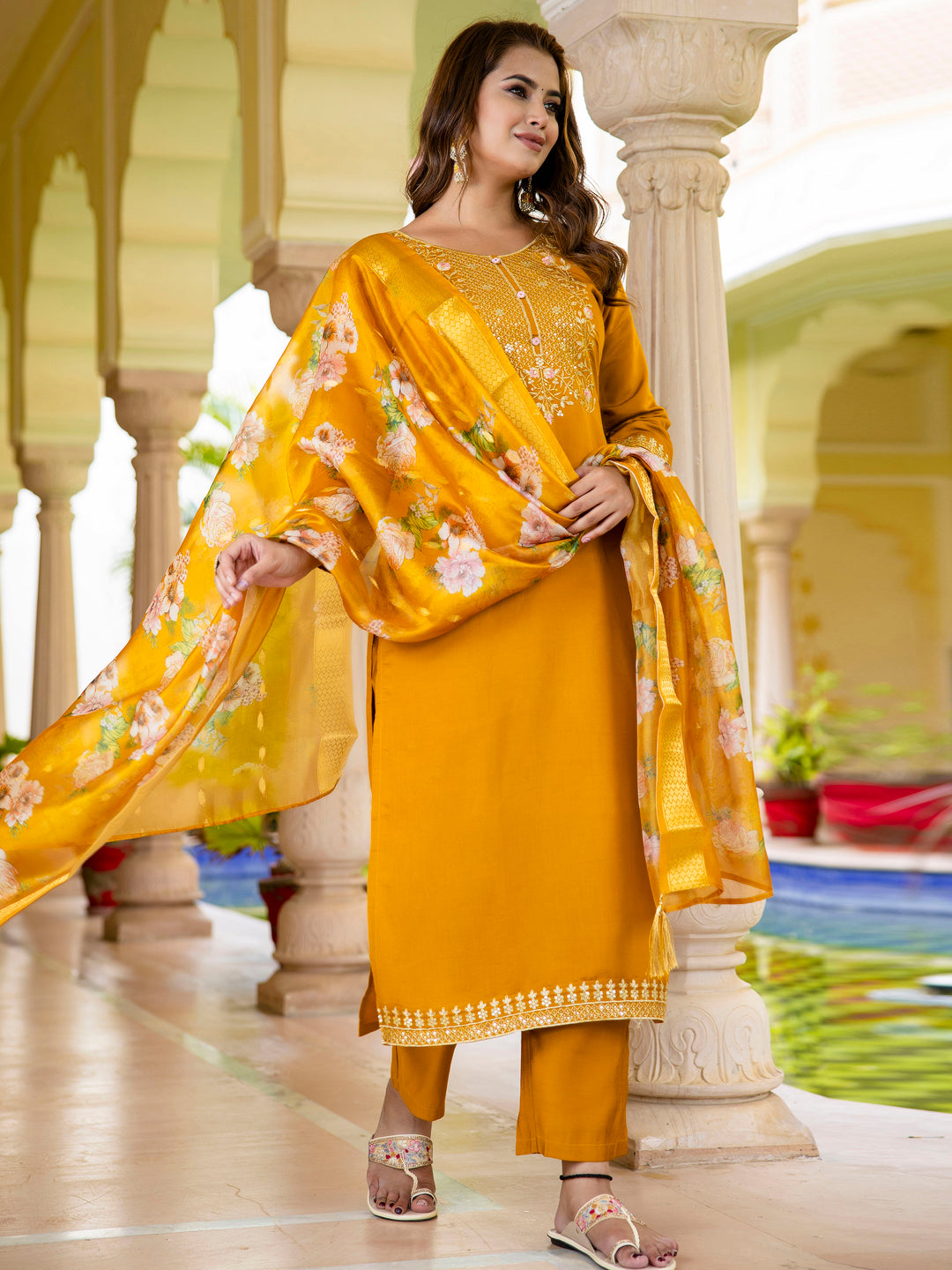 VredeVogel Women’s Viscose Roman Silk Embroidery Straight Kurta Pant with Dupatta Set