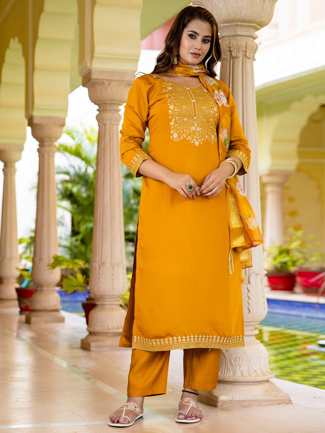 VredeVogel Women’s Viscose Roman Silk Embroidery Straight Kurta Pant with Dupatta Set