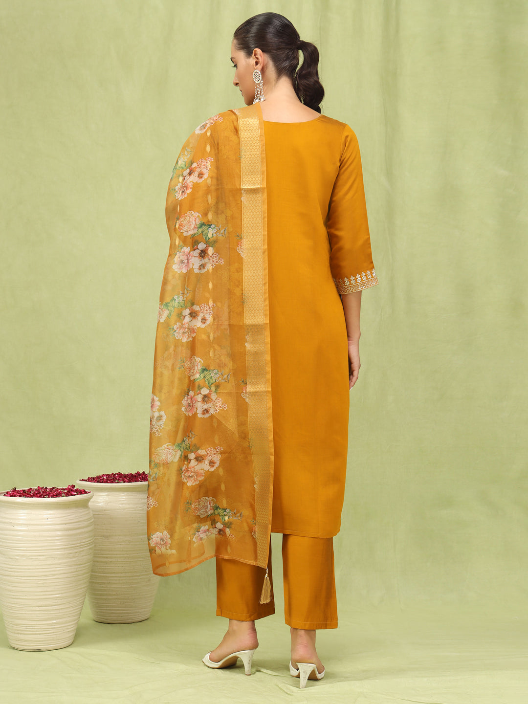 Madhuri Women’s Viscose Roman Silk Embroidery Straight Kurta Pant with Dupatta Set