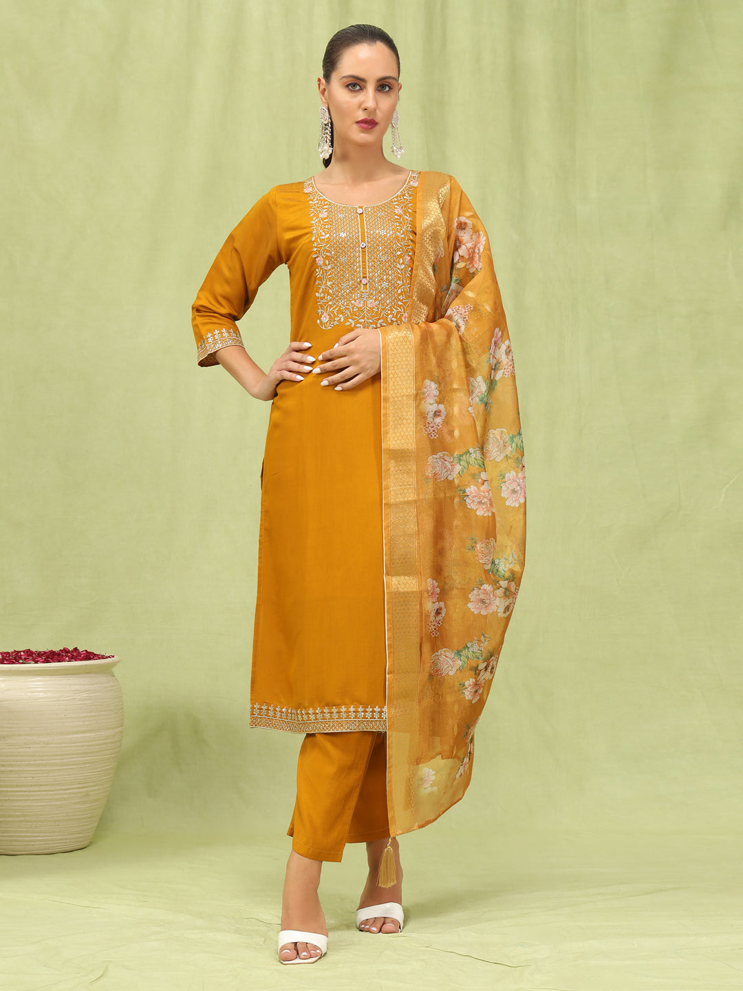 Madhuri Women’s Viscose Roman Silk Embroidery Straight Kurta Pant with Dupatta Set