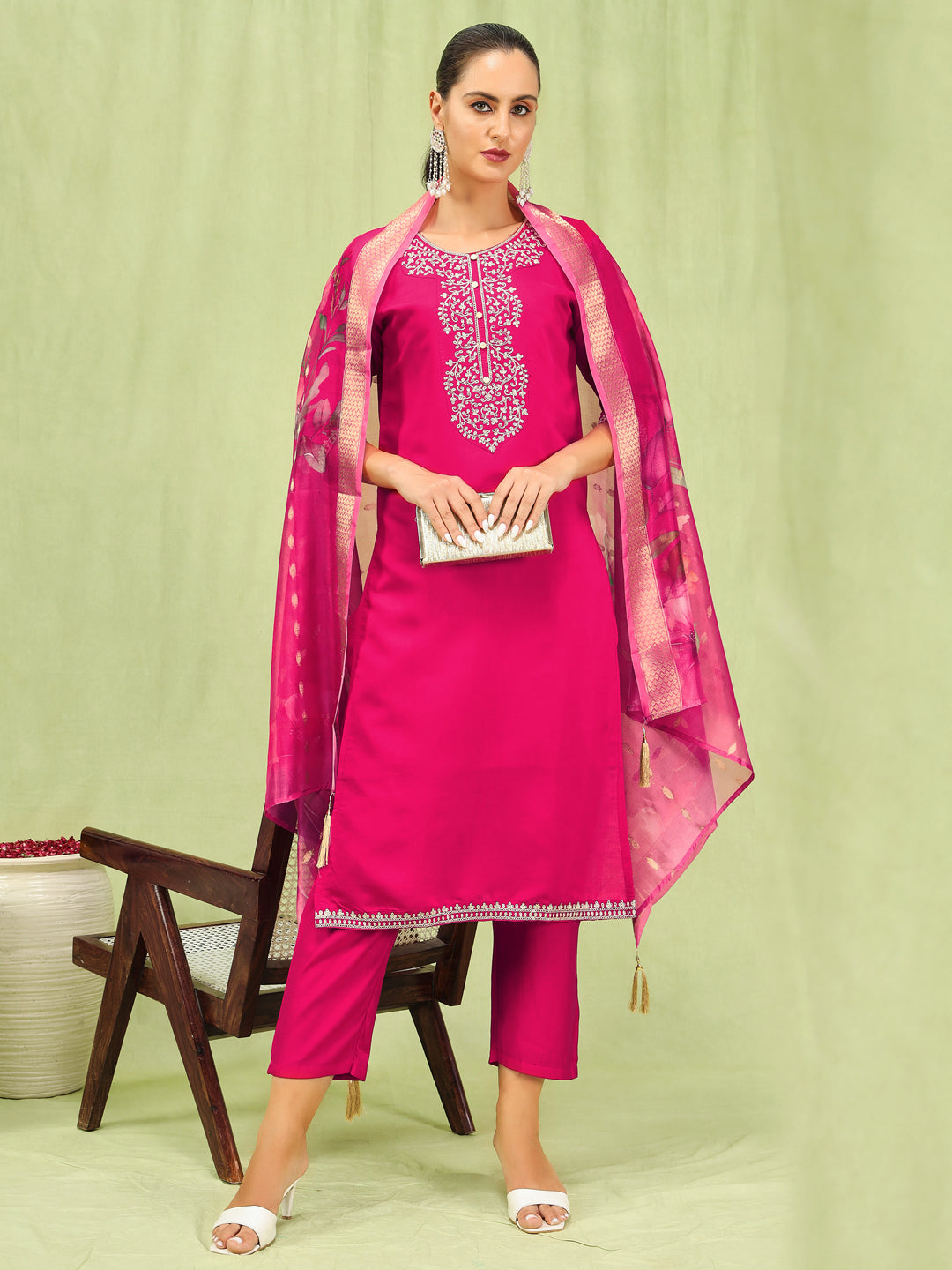 VredeVogel Women’s Viscose Roman Silk Embroidery Straight Kurta Pant with Dupatta Set
