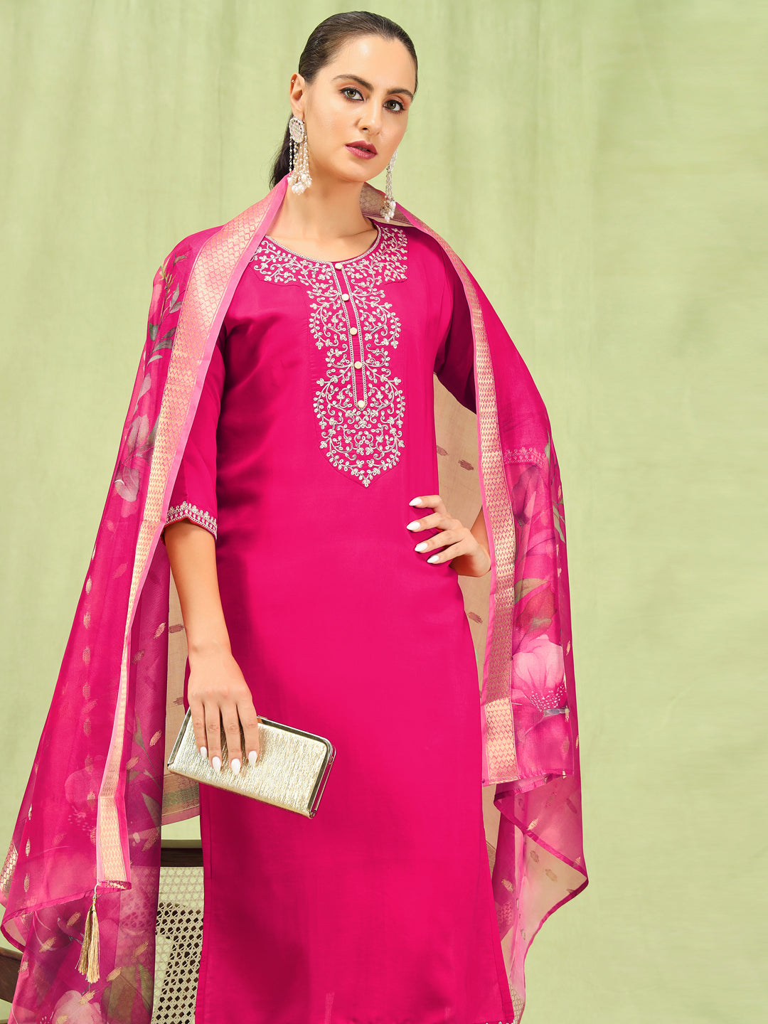 VredeVogel Women’s Viscose Roman Silk Embroidery Straight Kurta Pant with Dupatta Set