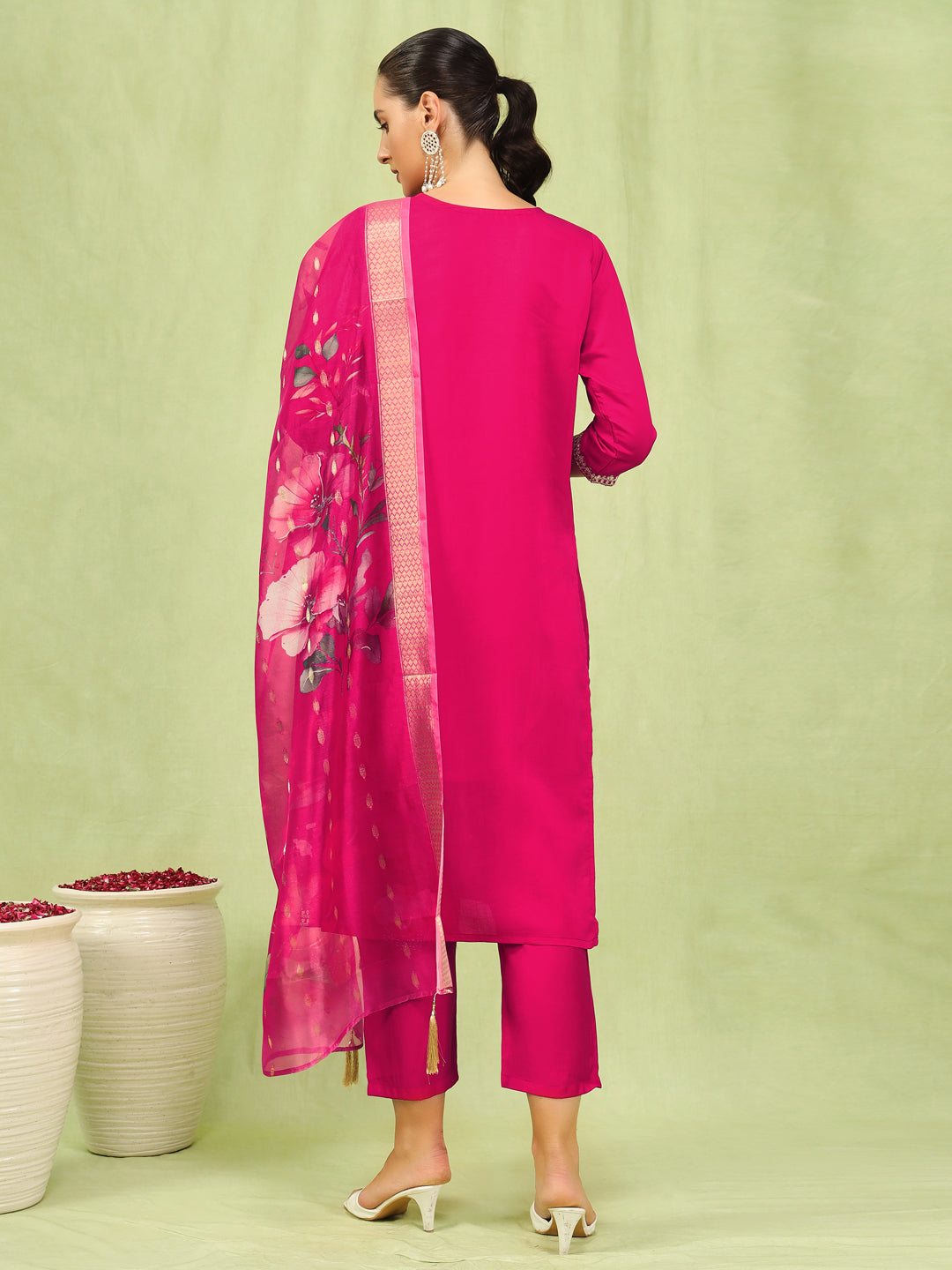 VredeVogel Women’s Viscose Roman Silk Embroidery Straight Kurta Pant with Dupatta Set