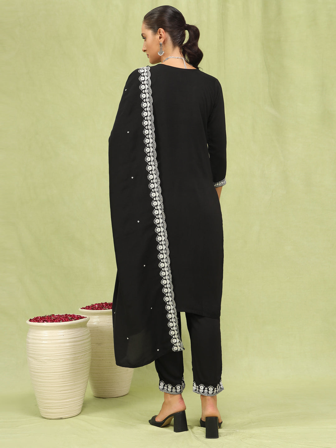 VredeVogel Women’s Viscose Roman Silk Embroidery Straight Kurta Pant with Dupatta Set