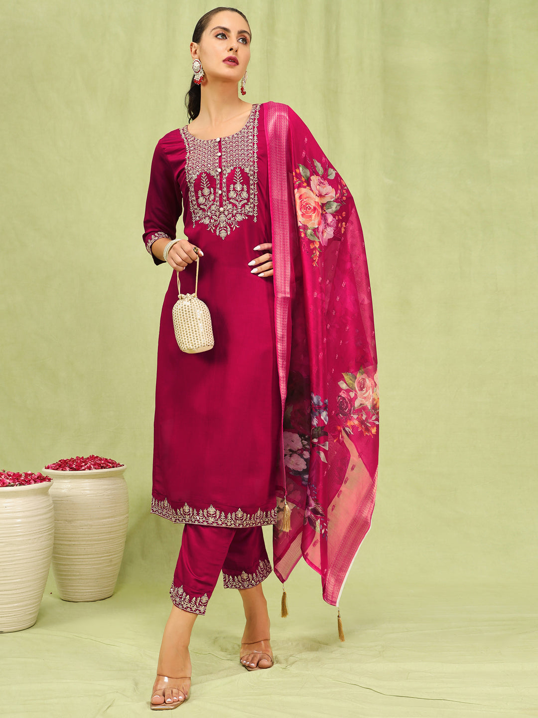 VredeVogel Women’s Viscose Roman Silk Embroidery Straight Kurta Pant with Dupatta Set
