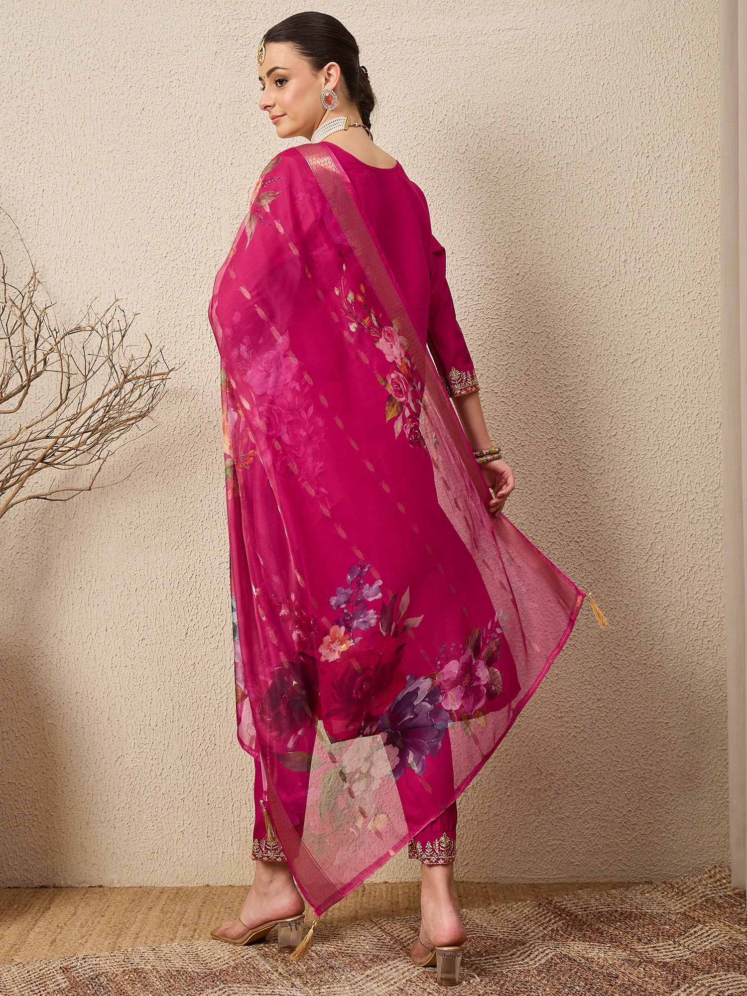EthniGlow Pink Viscose Roman Silk Embroidery Straight Suit Set