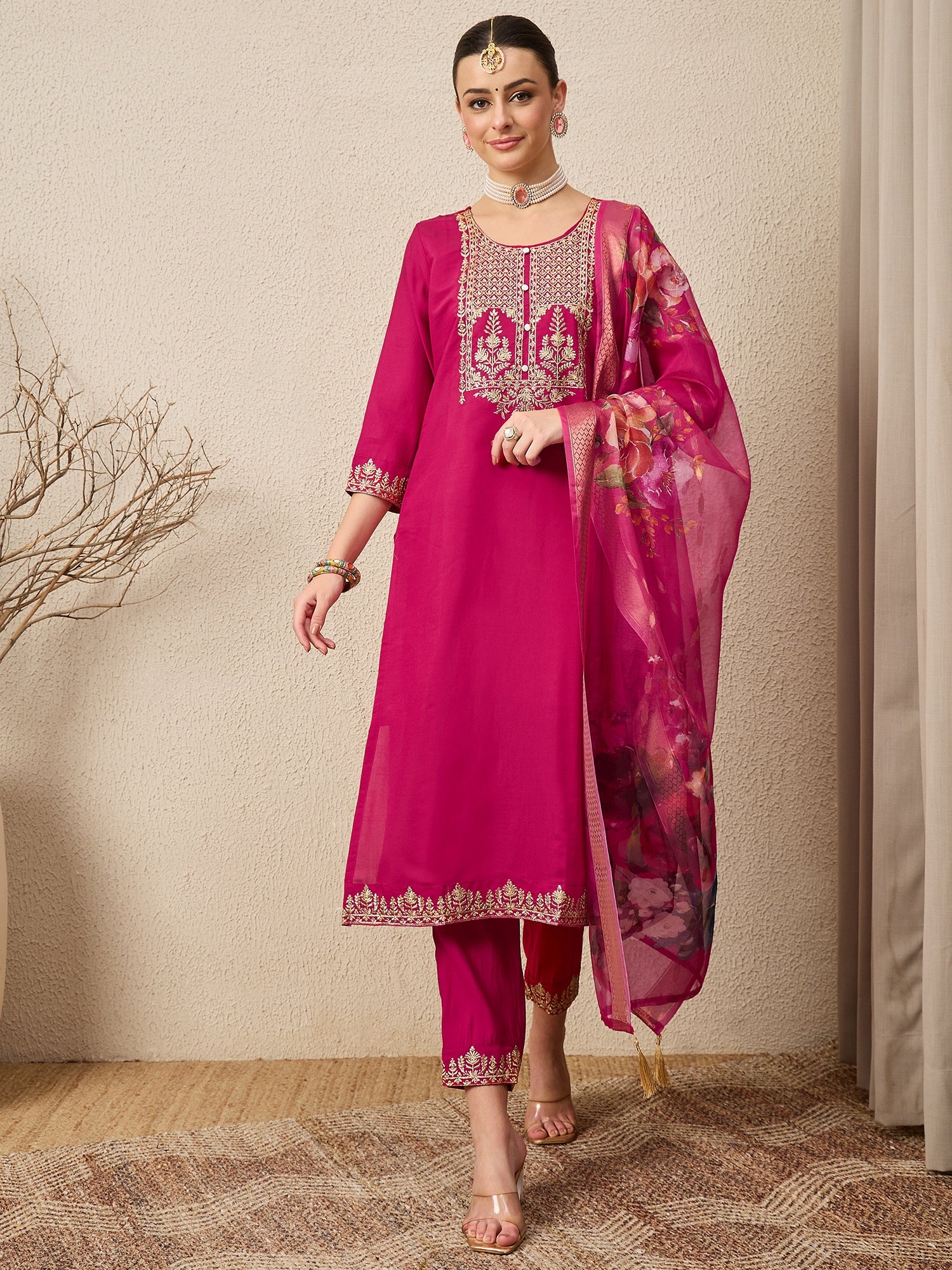 EthniGlow Pink Viscose Roman Silk Embroidery Straight Suit Set