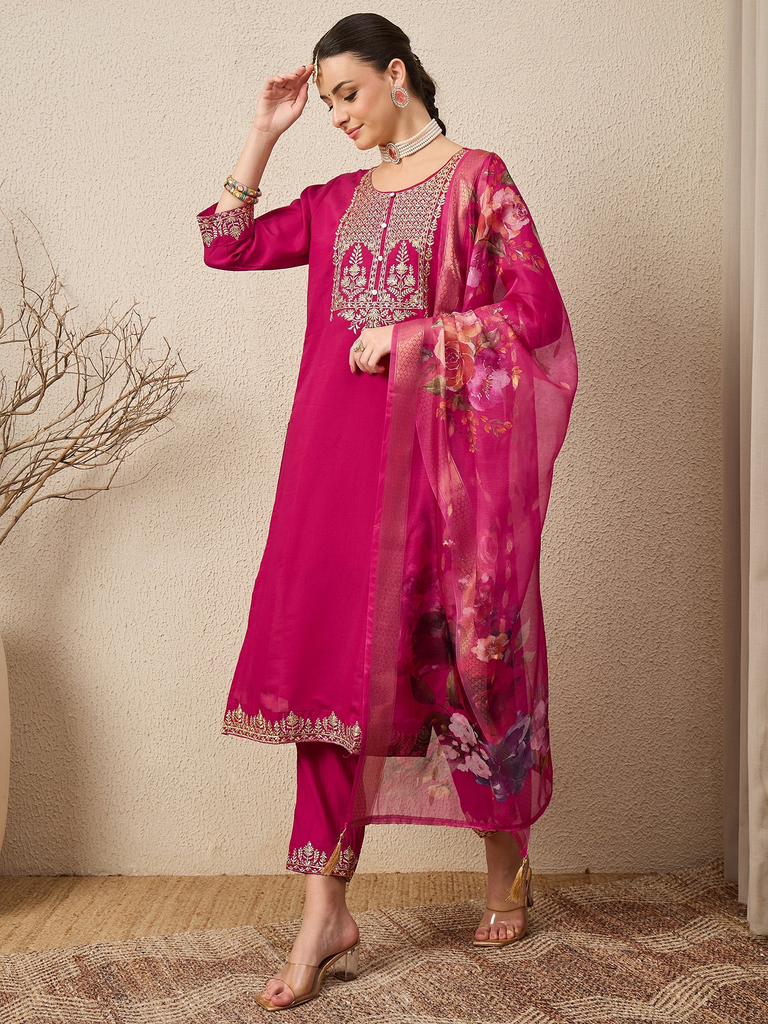 EthniGlow Pink Viscose Roman Silk Embroidery Straight Suit Set