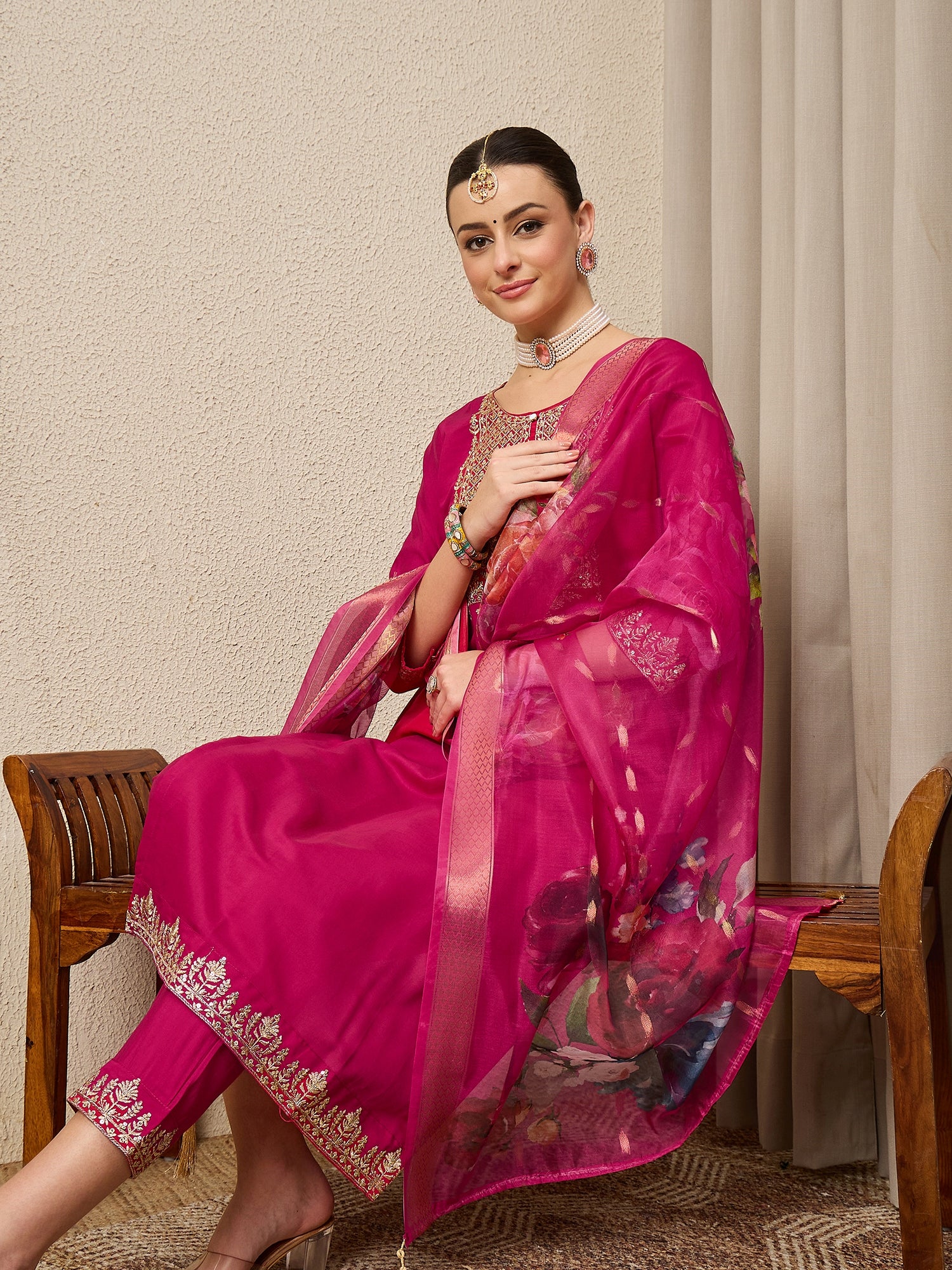 EthniGlow Pink Viscose Roman Silk Embroidery Straight Suit Set