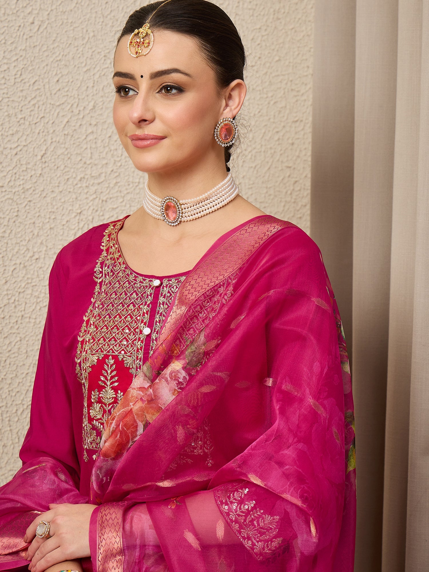 EthniGlow Pink Viscose Roman Silk Embroidery Straight Suit Set
