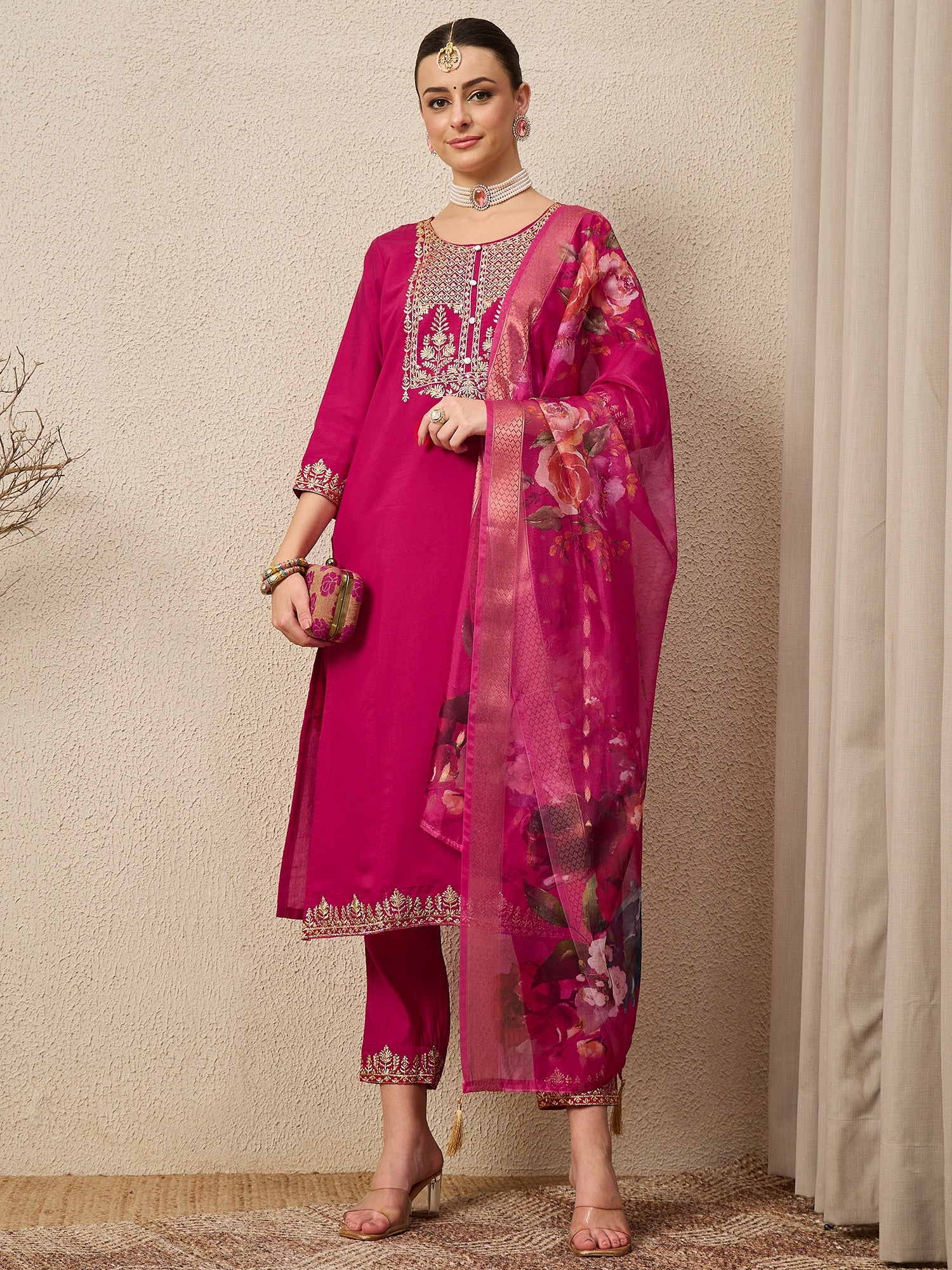 EthniGlow Pink Viscose Roman Silk Embroidery Straight Suit Set