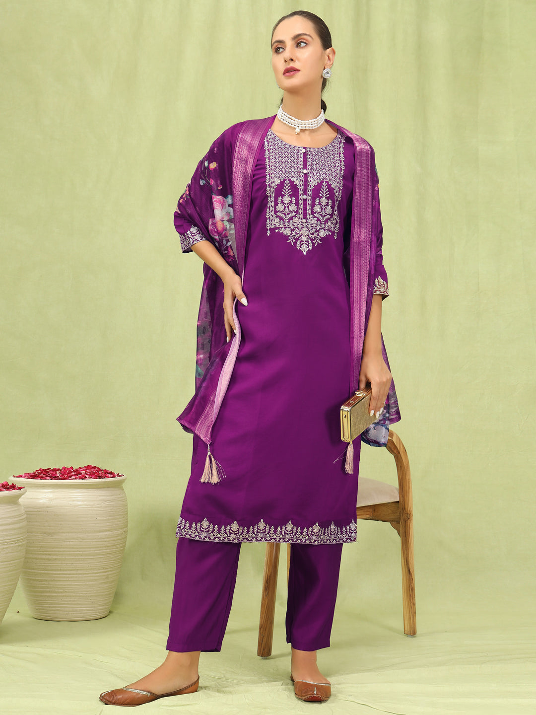 VredeVogel Women’s Viscose Roman Silk Embroidery Straight Kurta Pant with Dupatta Set