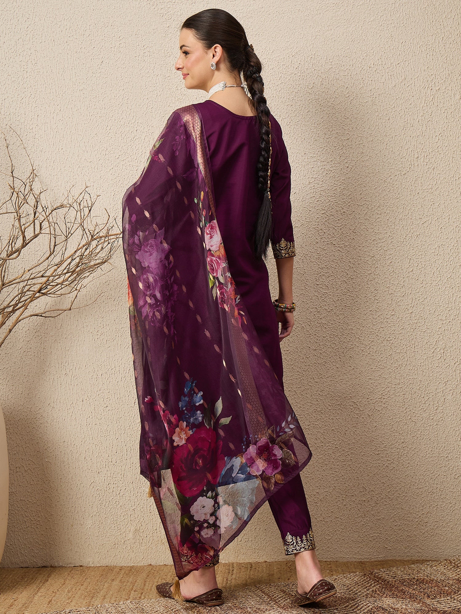 DivyaRaag Purple Viscose Roman Silk Embroidery Straight Suit Set