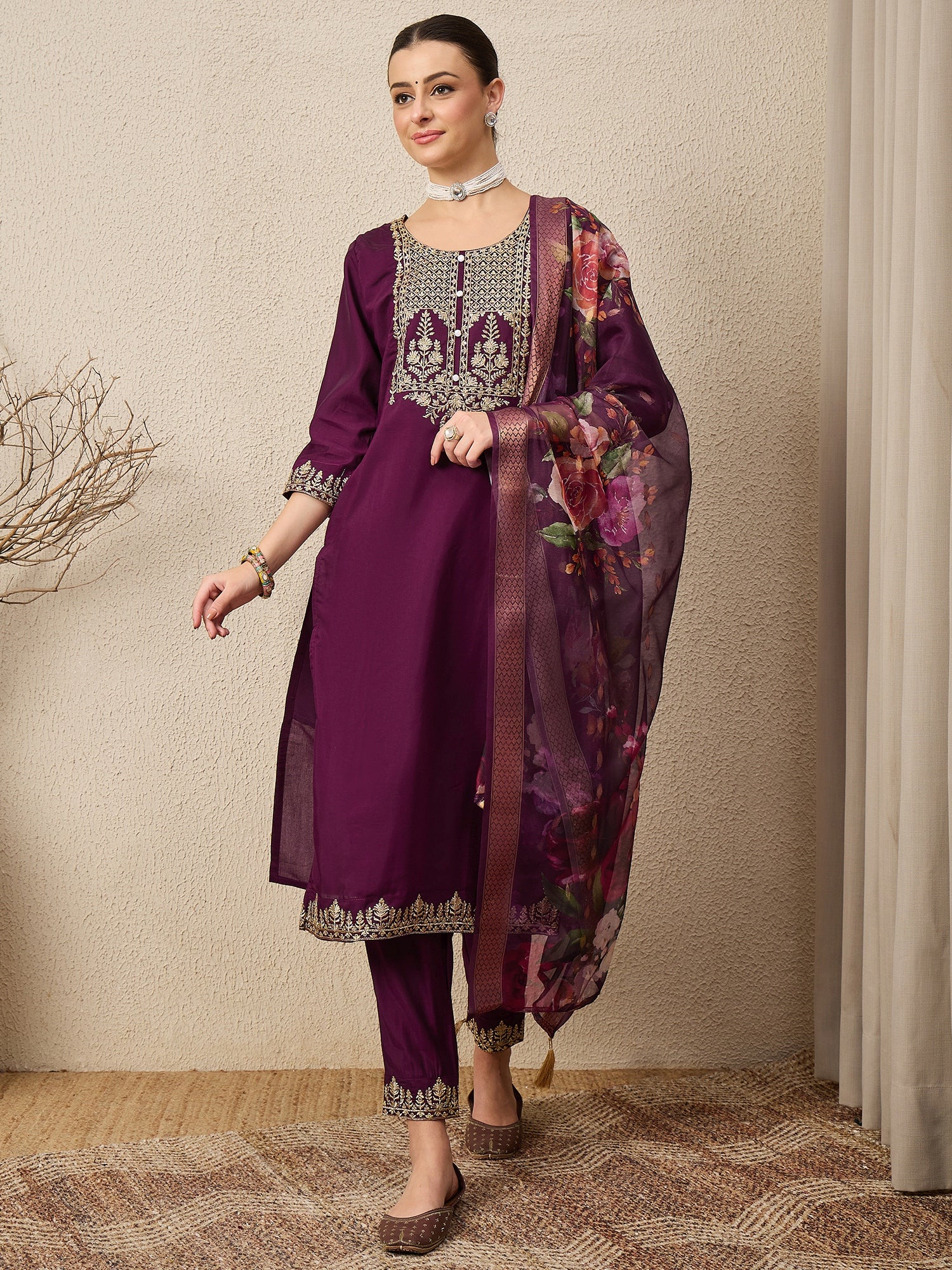 DivyaRaag Purple Viscose Roman Silk Embroidery Straight Suit Set