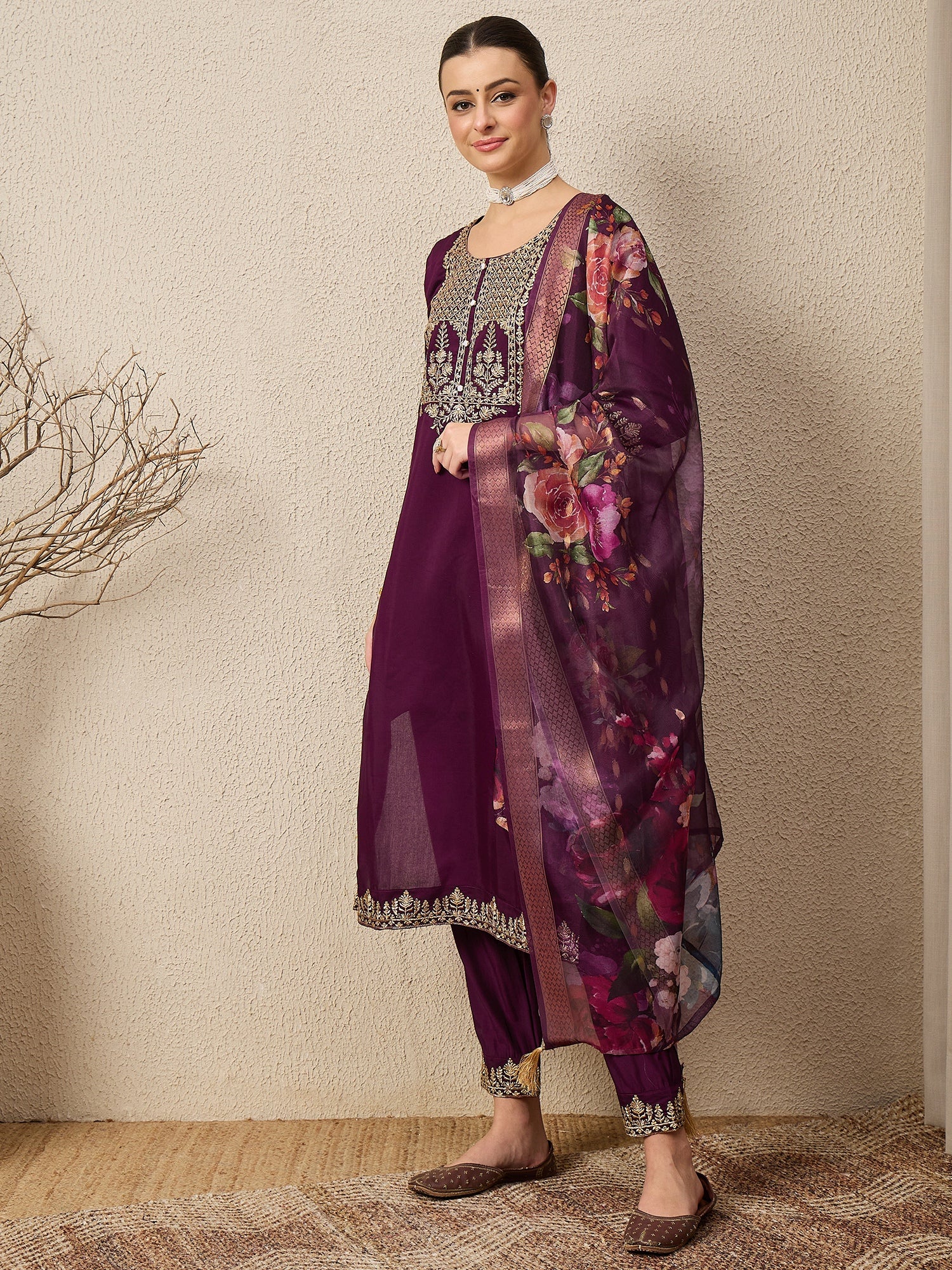 DivyaRaag Purple Viscose Roman Silk Embroidery Straight Suit Set