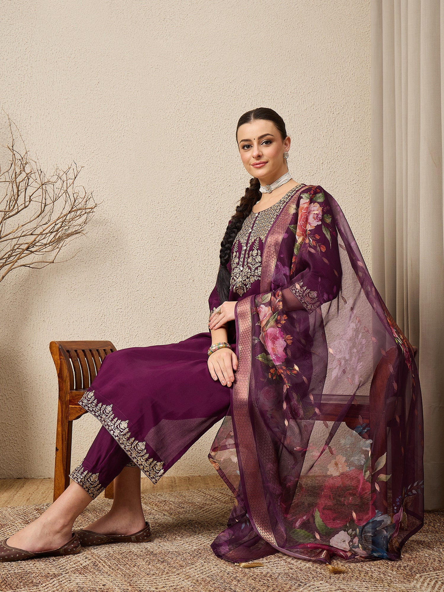 DivyaRaag Purple Viscose Roman Silk Embroidery Straight Suit Set