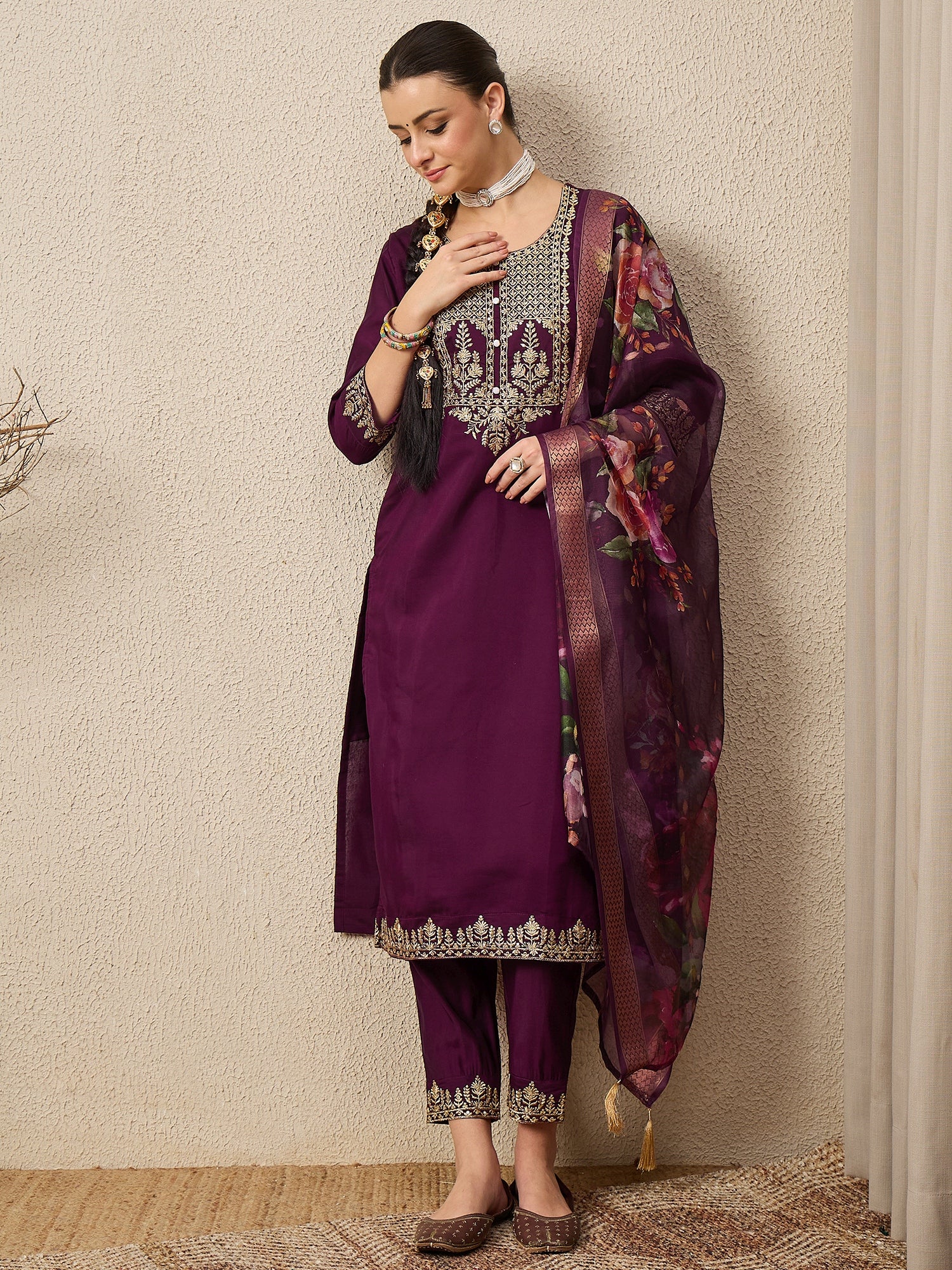 DivyaRaag Purple Viscose Roman Silk Embroidery Straight Suit Set