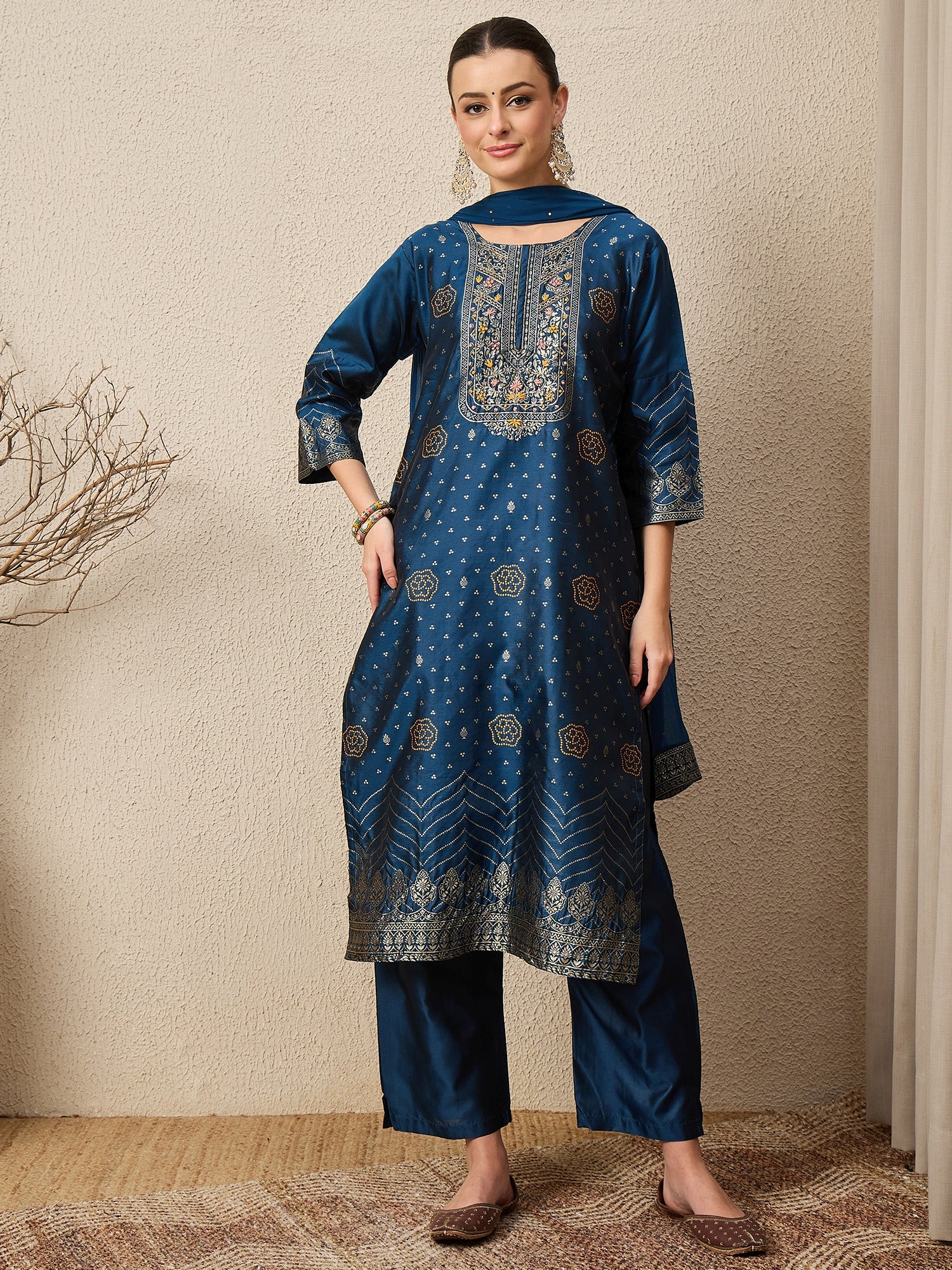 Gulzaar N-blue Women Cotton Silk Blend Straight Suit Set with Handwork