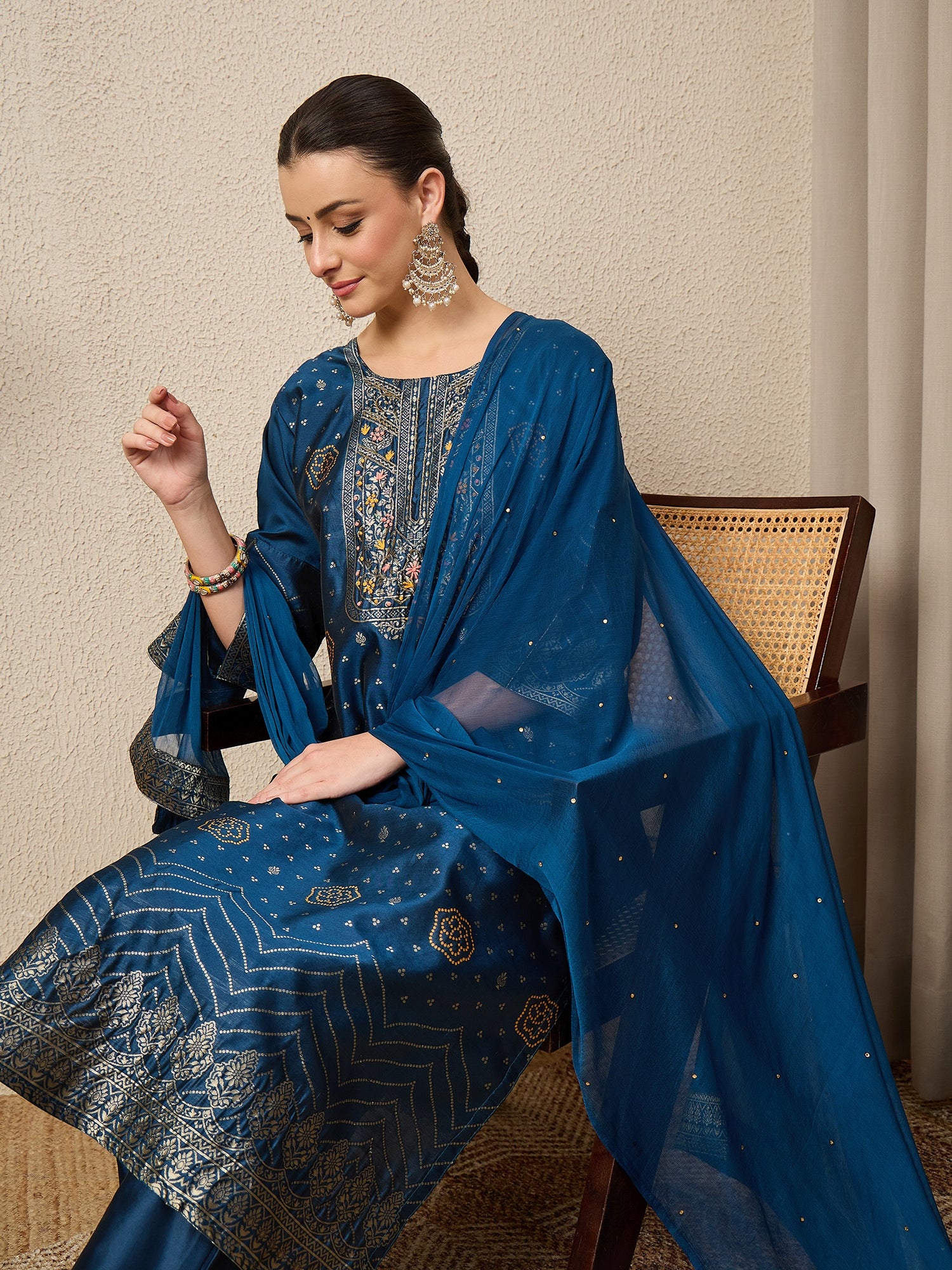 Gulzaar N-blue Women Cotton Silk Blend Straight Suit Set with Handwork