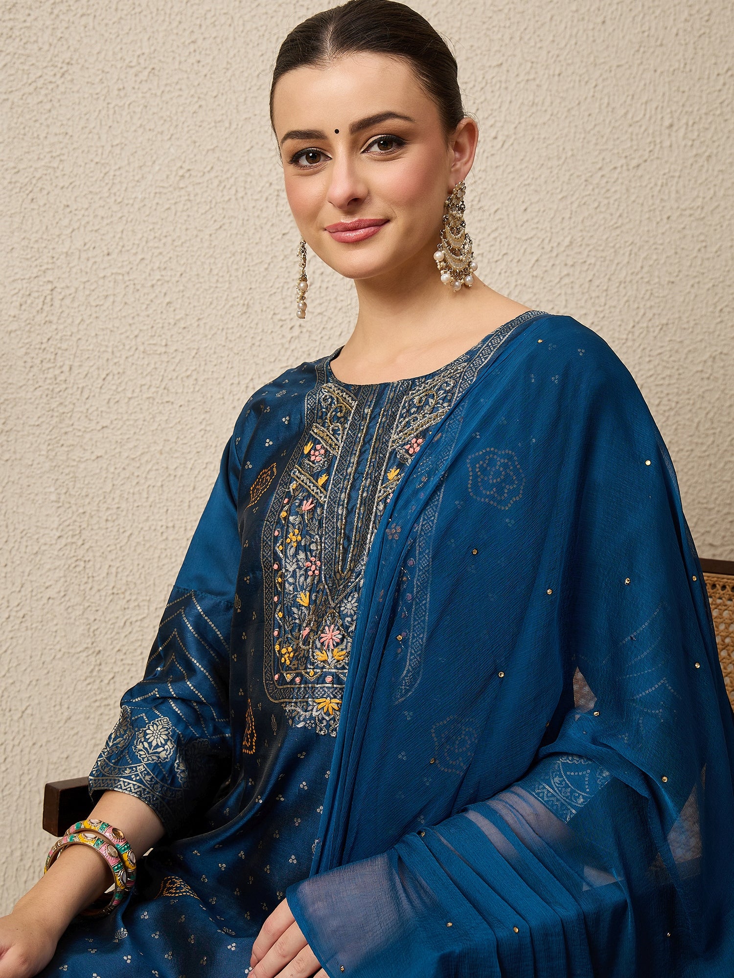 Gulzaar N-blue Women Cotton Silk Blend Straight Suit Set with Handwork