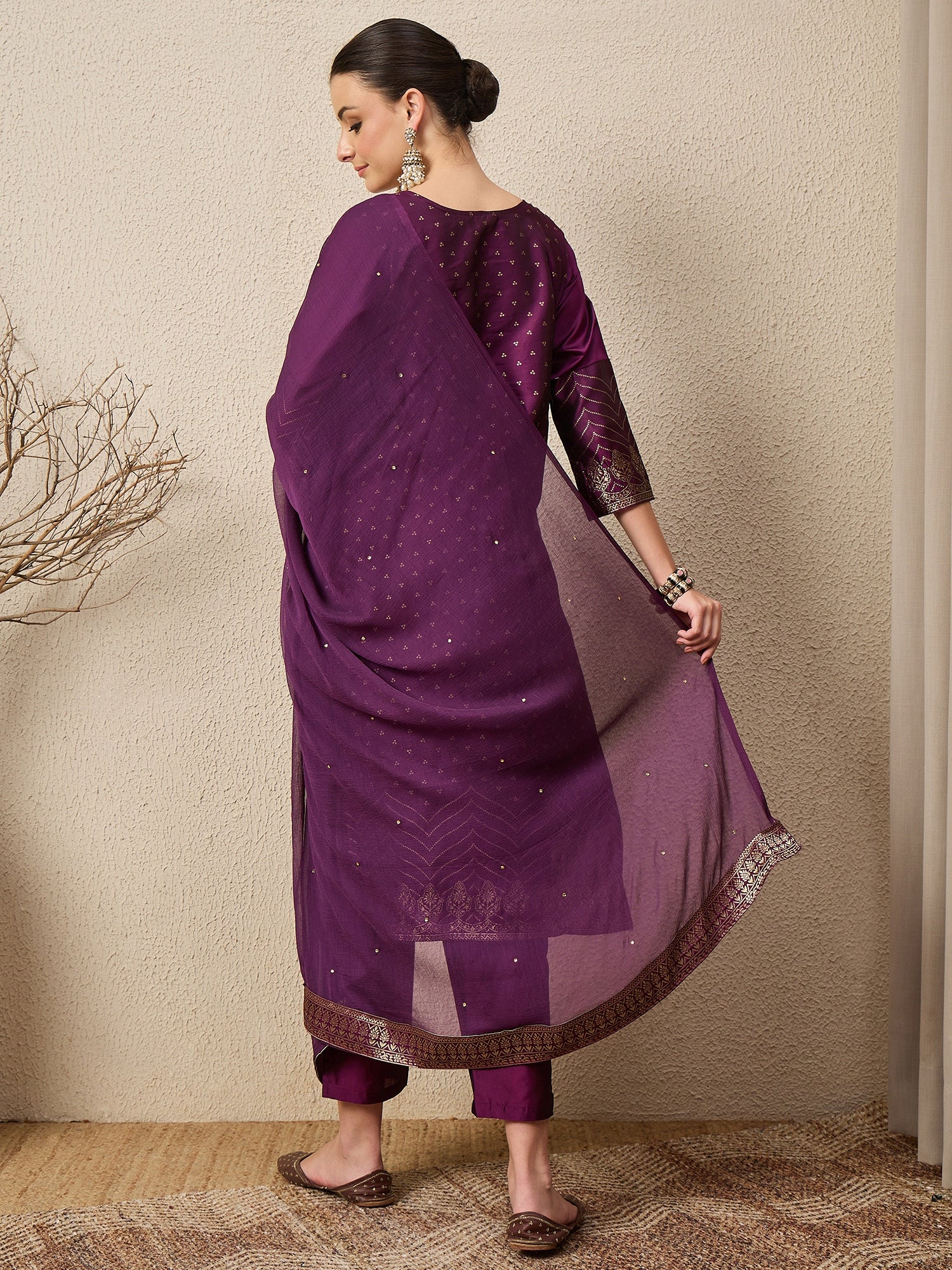 Heera Purple Women Cotton Silk Blend Straight Suit Set with Handwork
