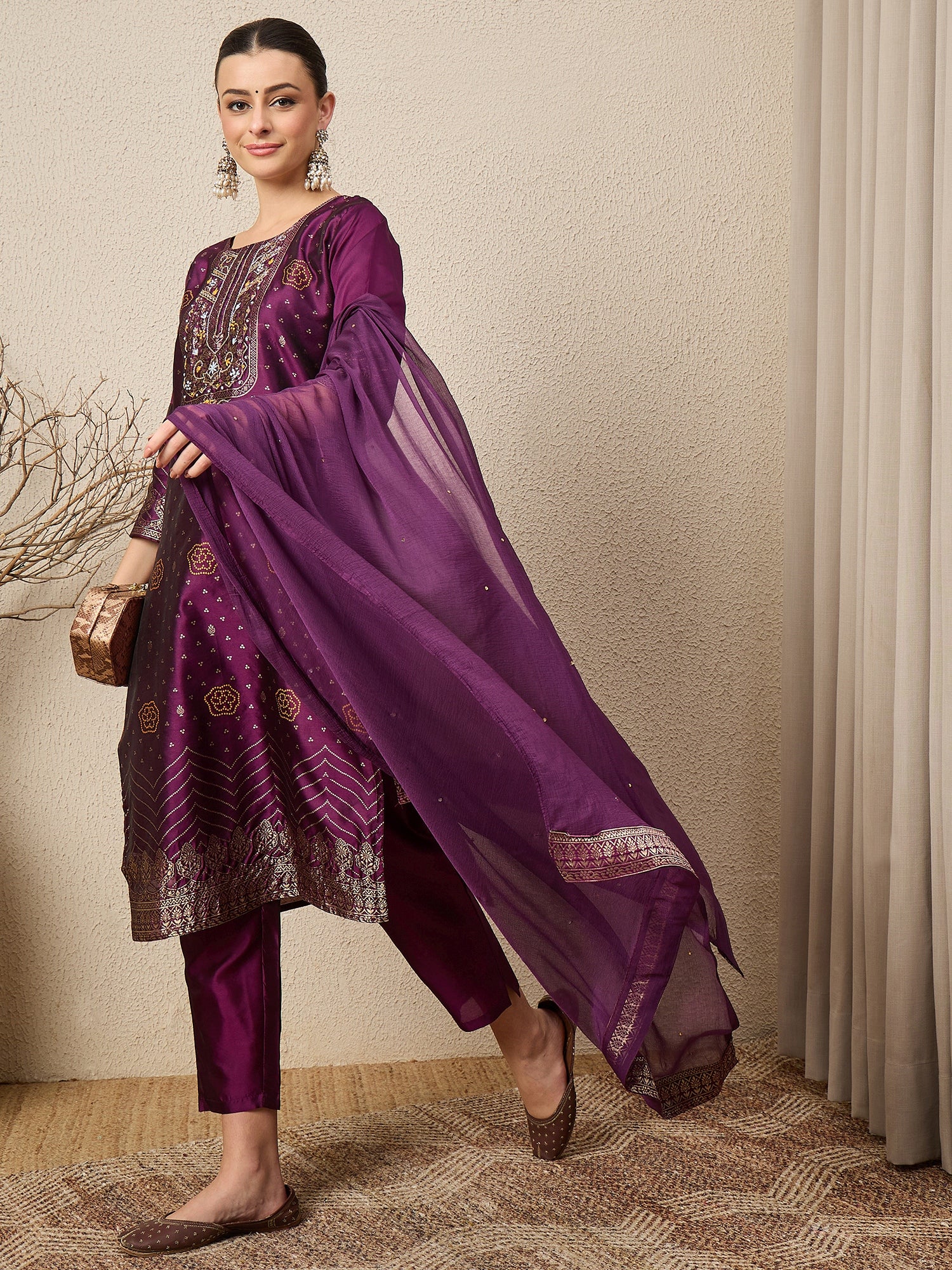 Heera Purple Women Cotton Silk Blend Straight Suit Set with Handwork