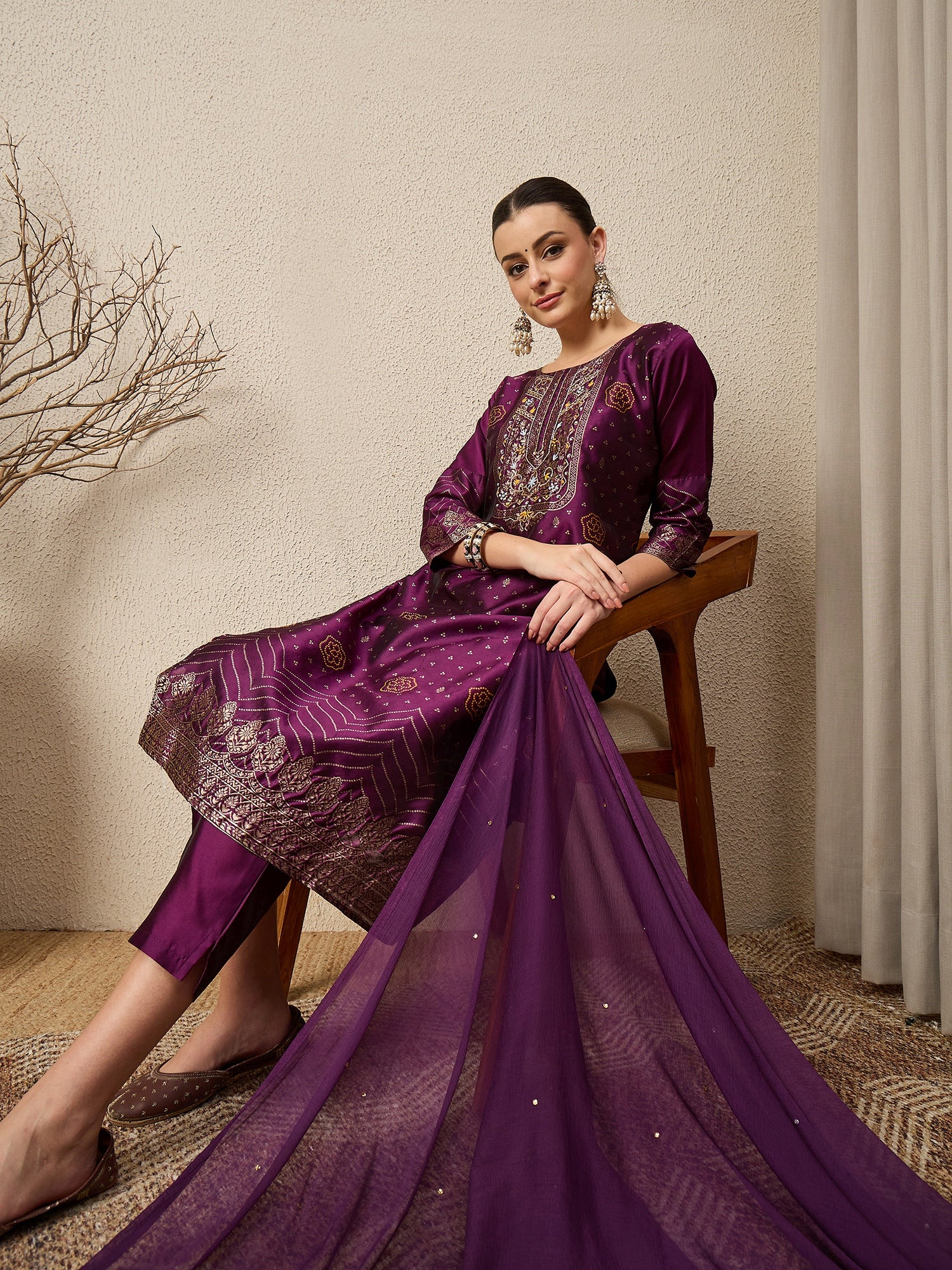 Heera Purple Women Cotton Silk Blend Straight Suit Set with Handwork