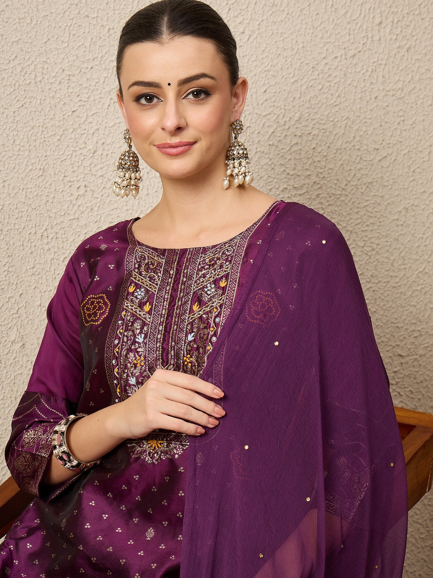 Heera Purple Women Cotton Silk Blend Straight Suit Set with Handwork