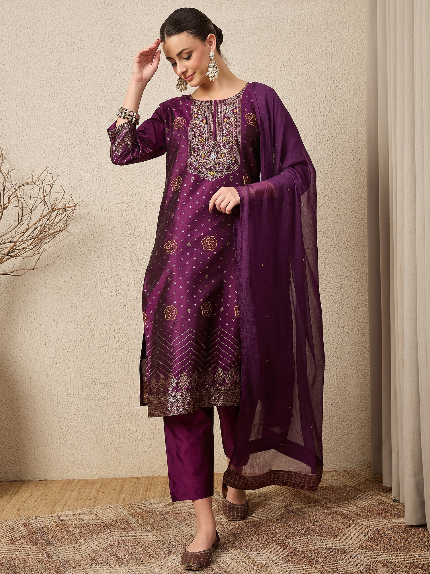 Heera Purple Women Cotton Silk Blend Straight Suit Set with Handwork
