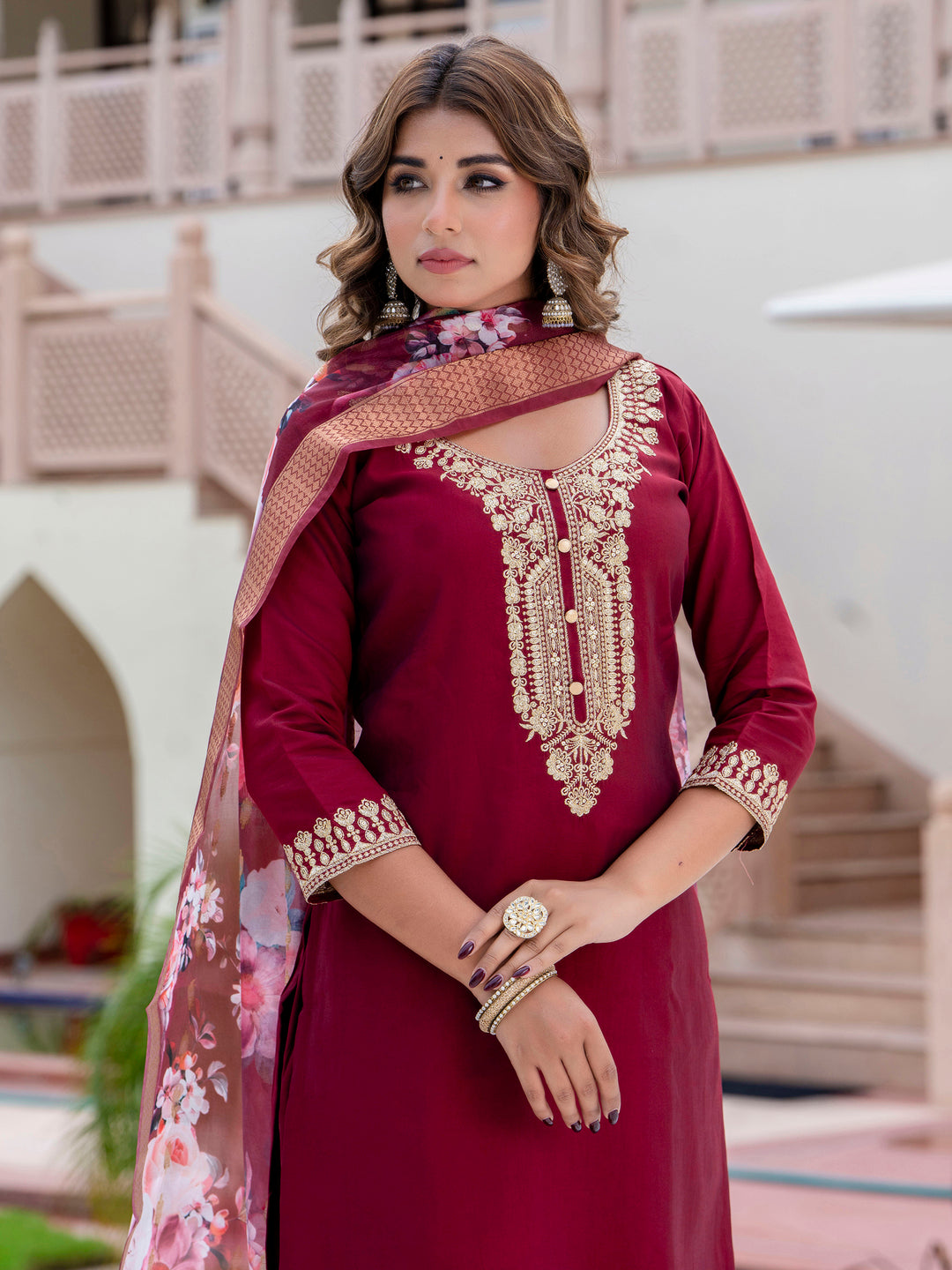 VredeVogel Women’s Viscose Roman Silk Embroidery Straight Kurta Pant with Dupatta Set