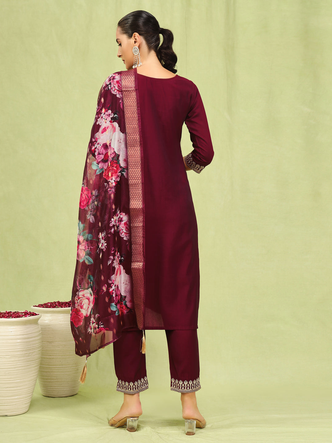 Megha Women’s Viscose Roman Silk Embroidery Straight Kurta Pant with Dupatta Set