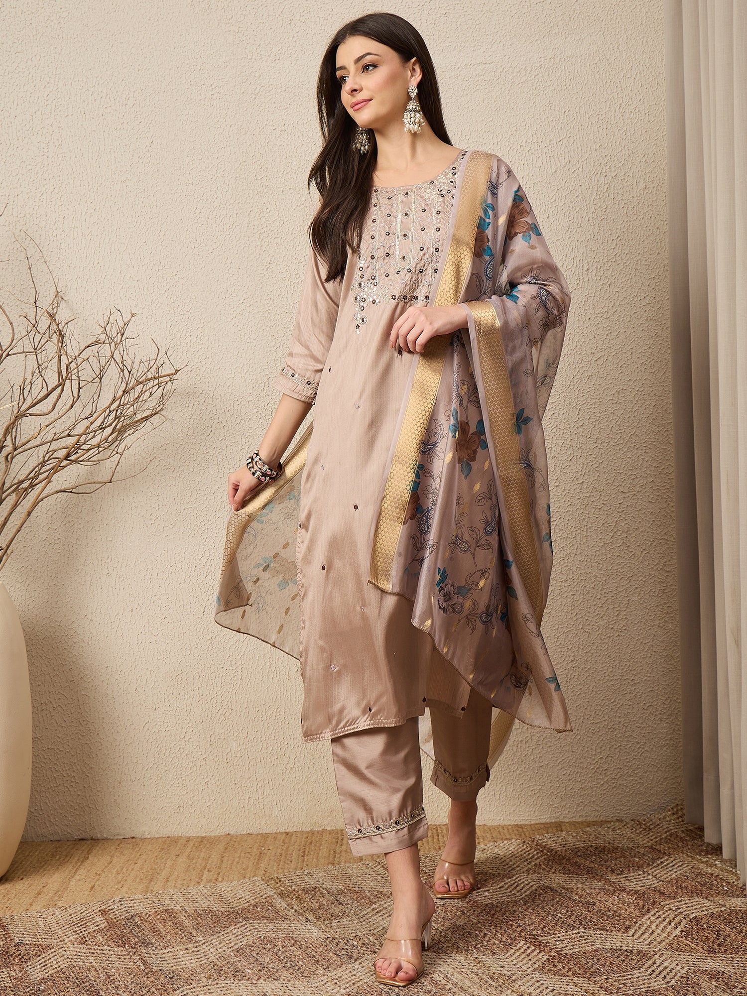 Jhalak Beige Women Silk Blend Kurta and Trousers Pant Set