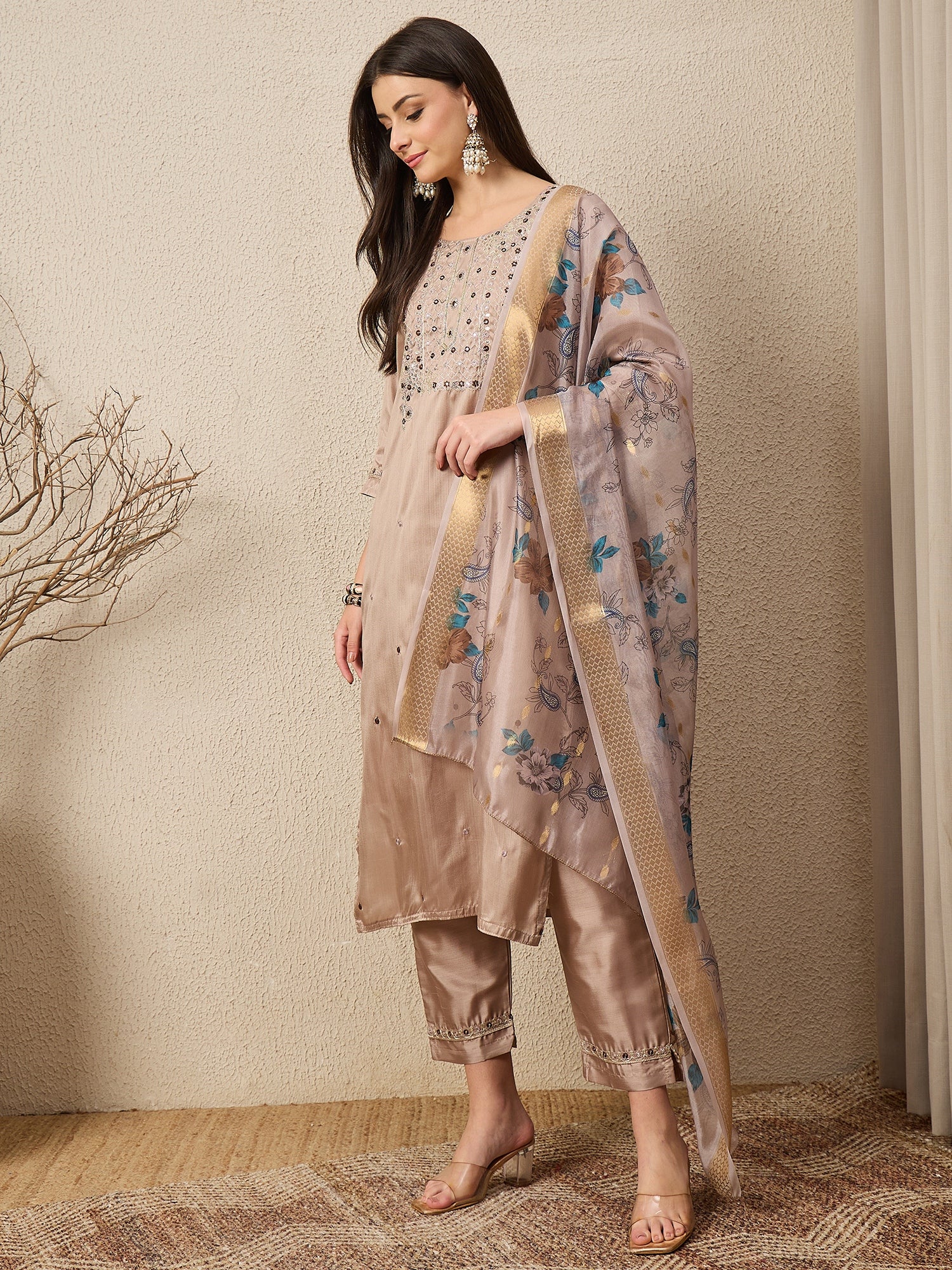 Jhalak Beige Women Silk Blend Kurta and Trousers Pant Set
