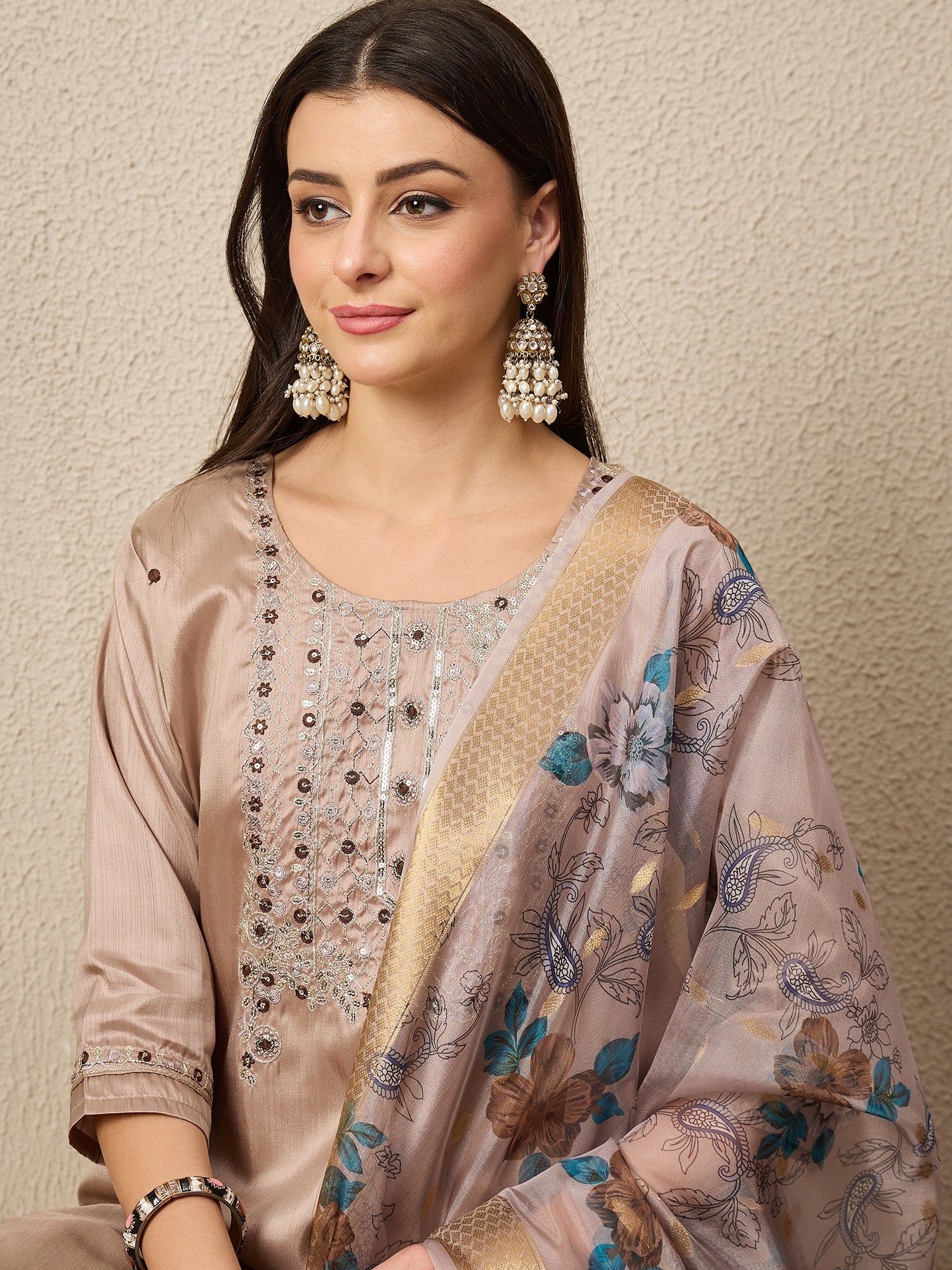 Jhalak Beige Women Silk Blend Kurta and Trousers Pant Set